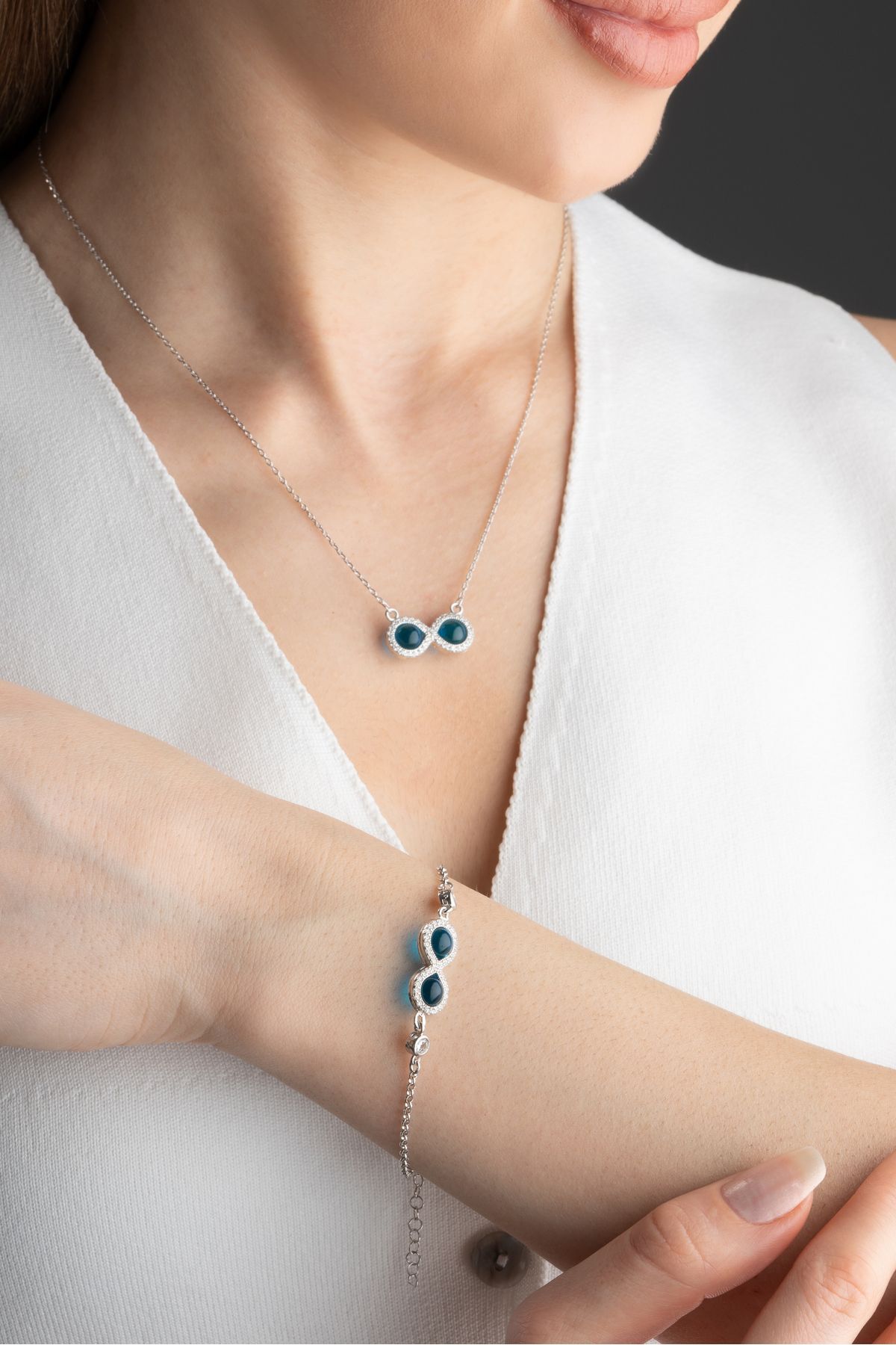 Gümüş Mavi Taşlı Sonsuzluk Kolye Bileklik Set