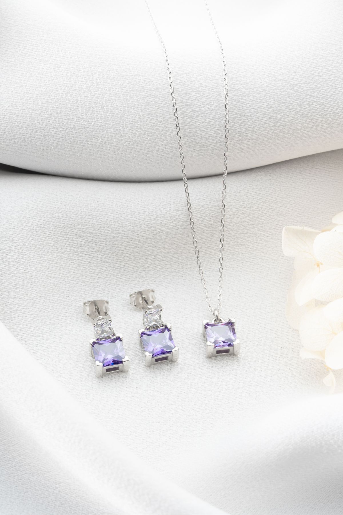 Gümüş Baget Taşlı Kolye Küpe Seti