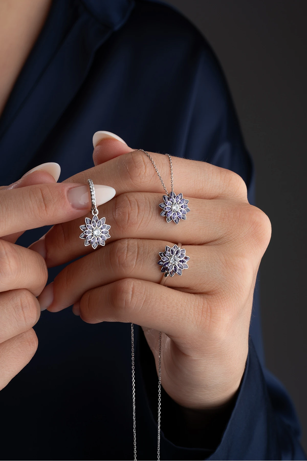 Gümüş Mor Taşlı Lotus Takı (Kolye-Küpe-Yüzük) Seti