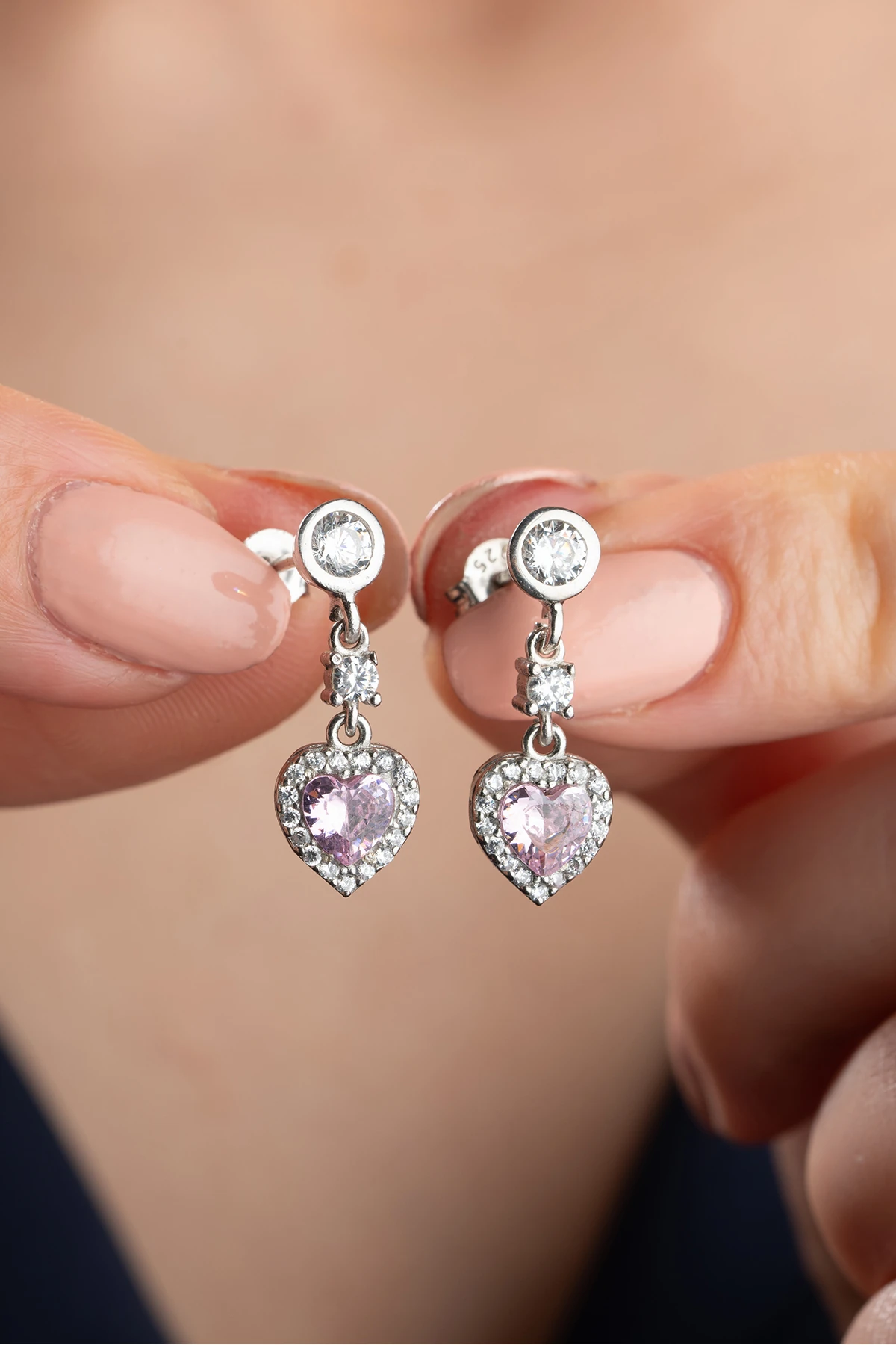 Gümüş Zirkon Taşlı Pembe Kalp Küpe