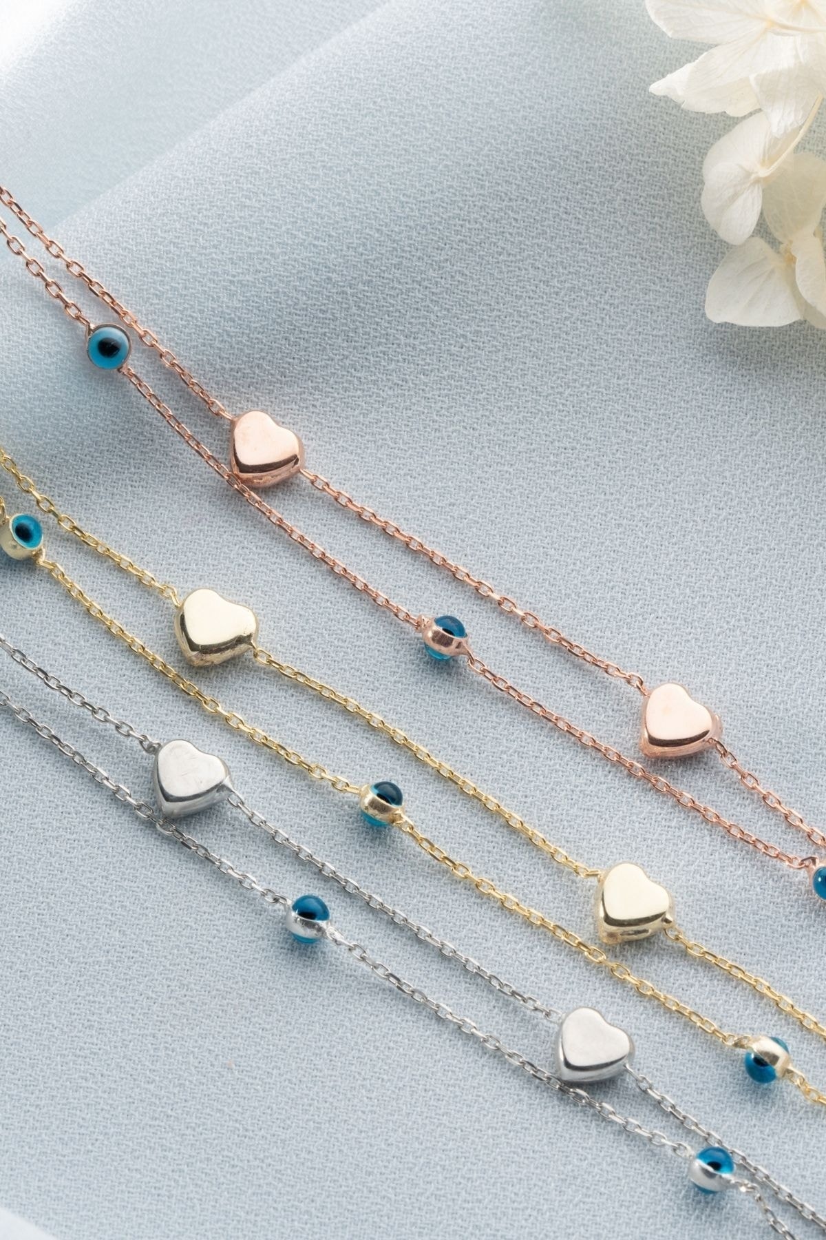 Gümüş Nazarlı Kalpli Çift Zincir Bileklik