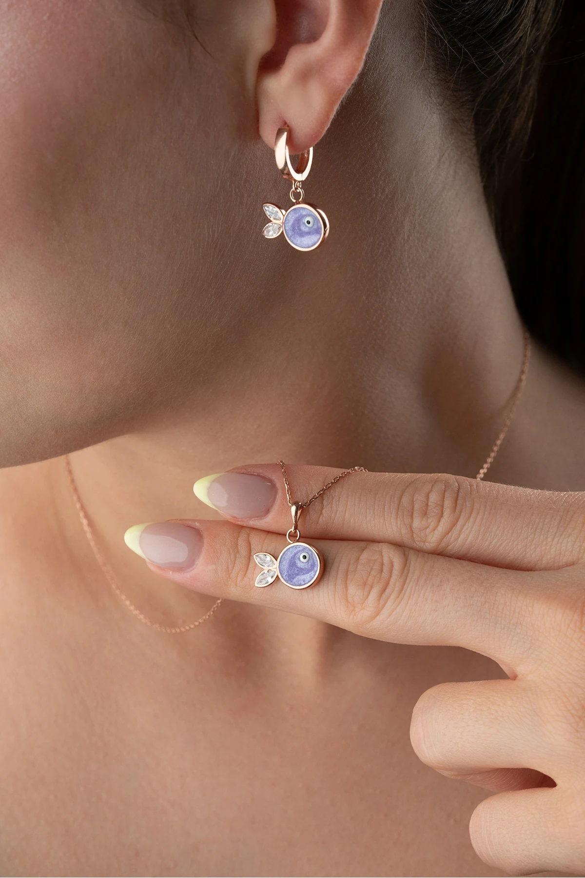 Gümüş Mor Mineli Balık (Kolye-Küpe) Takı Seti