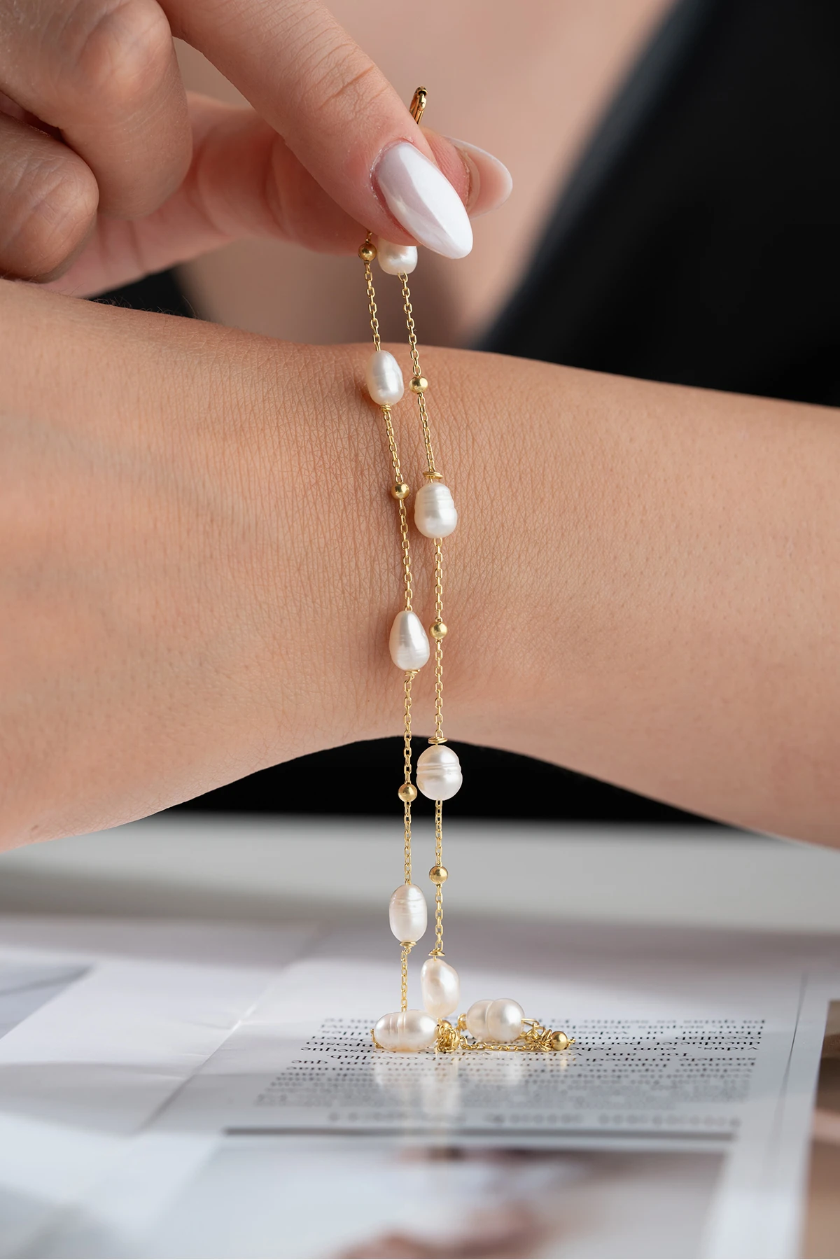 Gümüş Çift Sıra İncili Zincir Bileklik