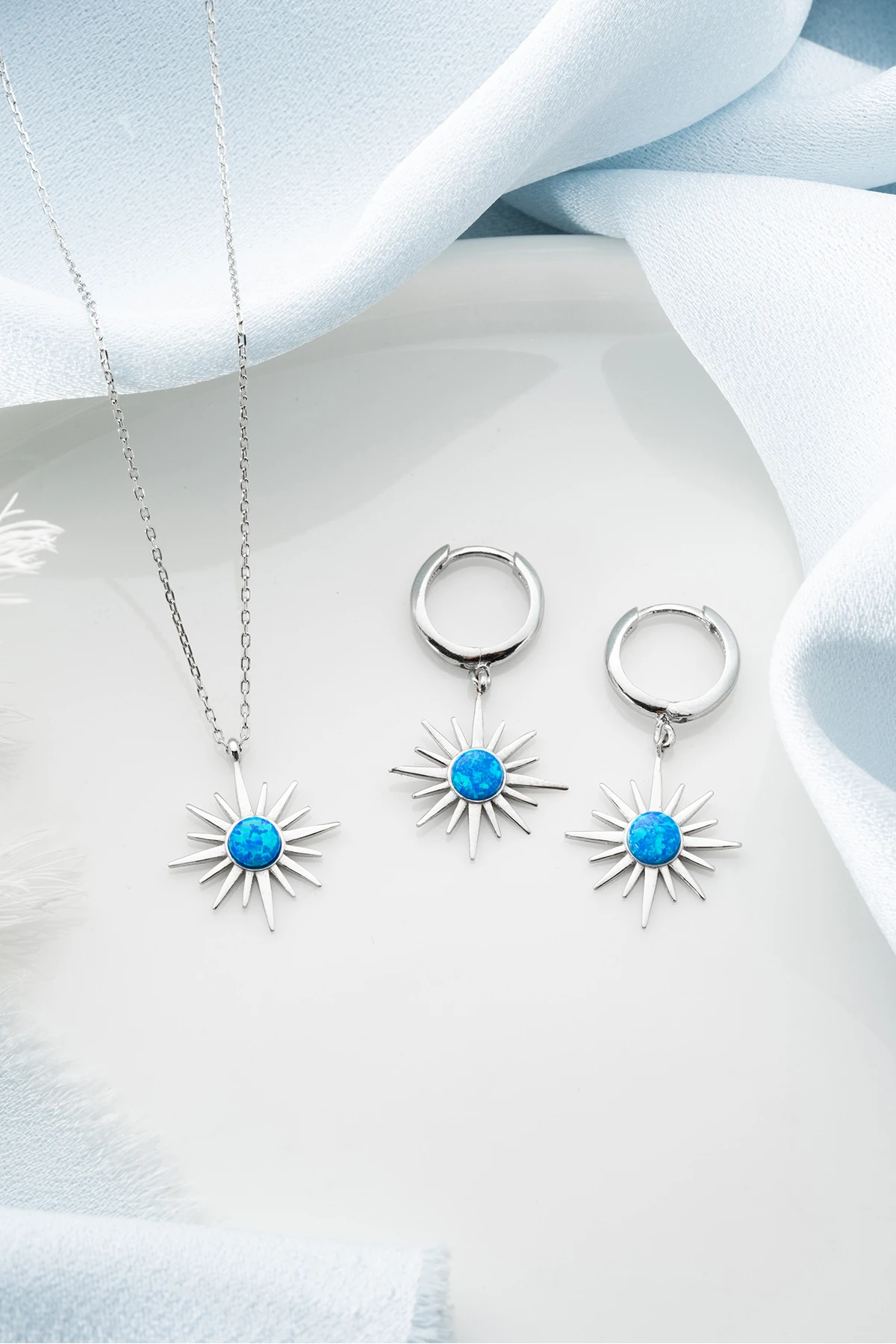 Gümüş Opal Taşlı Kutup Yıldızı (Kolye-Küpe) Seti