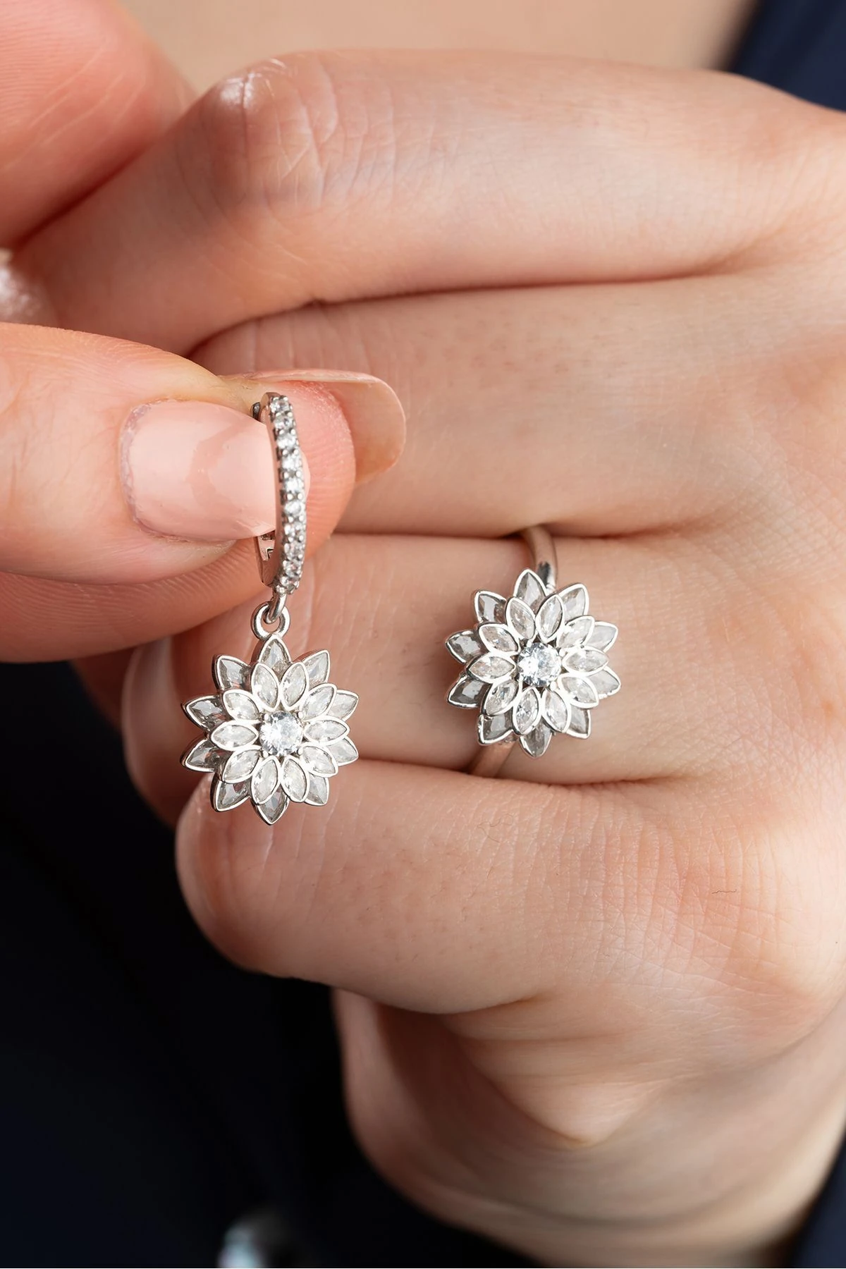 Gümüş Lotus Çiçeği Yüzük Küpe Seti