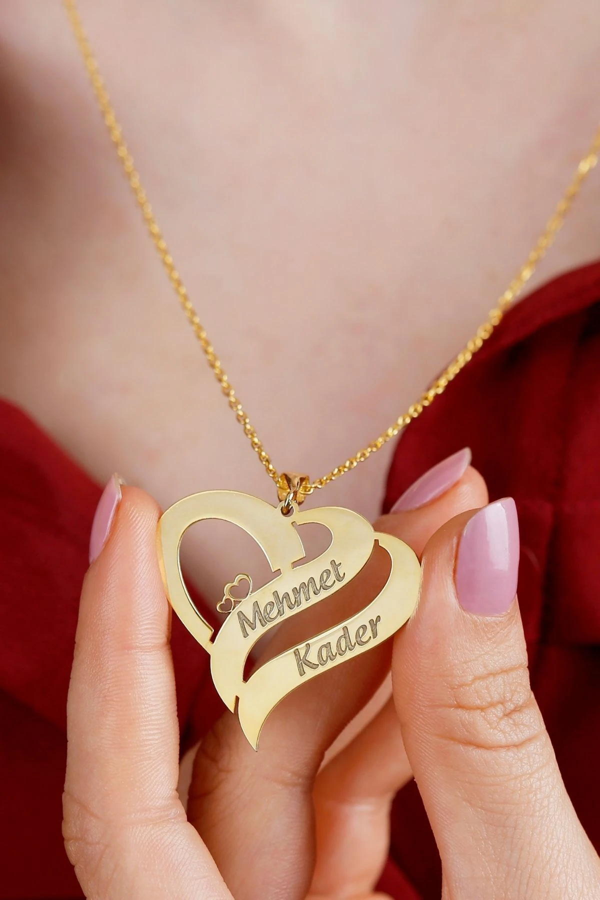 Gümüş Isimli Çift Şeritli Kalp Kolye