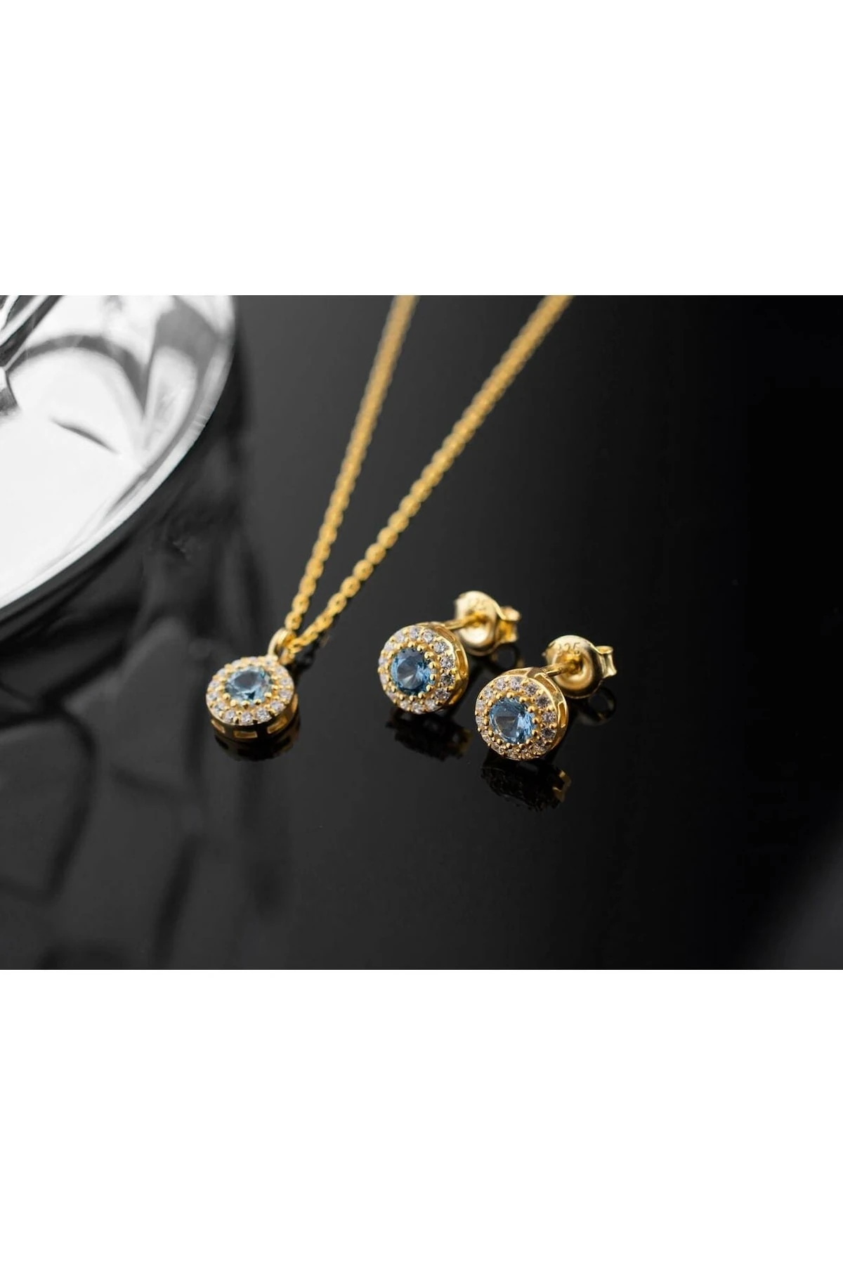 Gümüş Mart Ayı Doğum Taşı ( Aquamarine ) Kolye - Küpe Seti