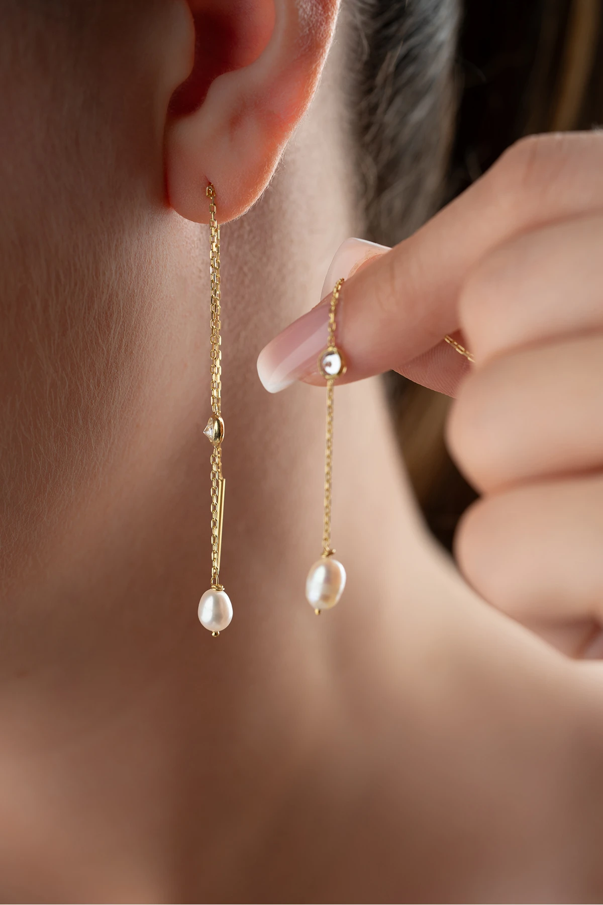 Gümüş İncili Taşlı Zincir Küpe