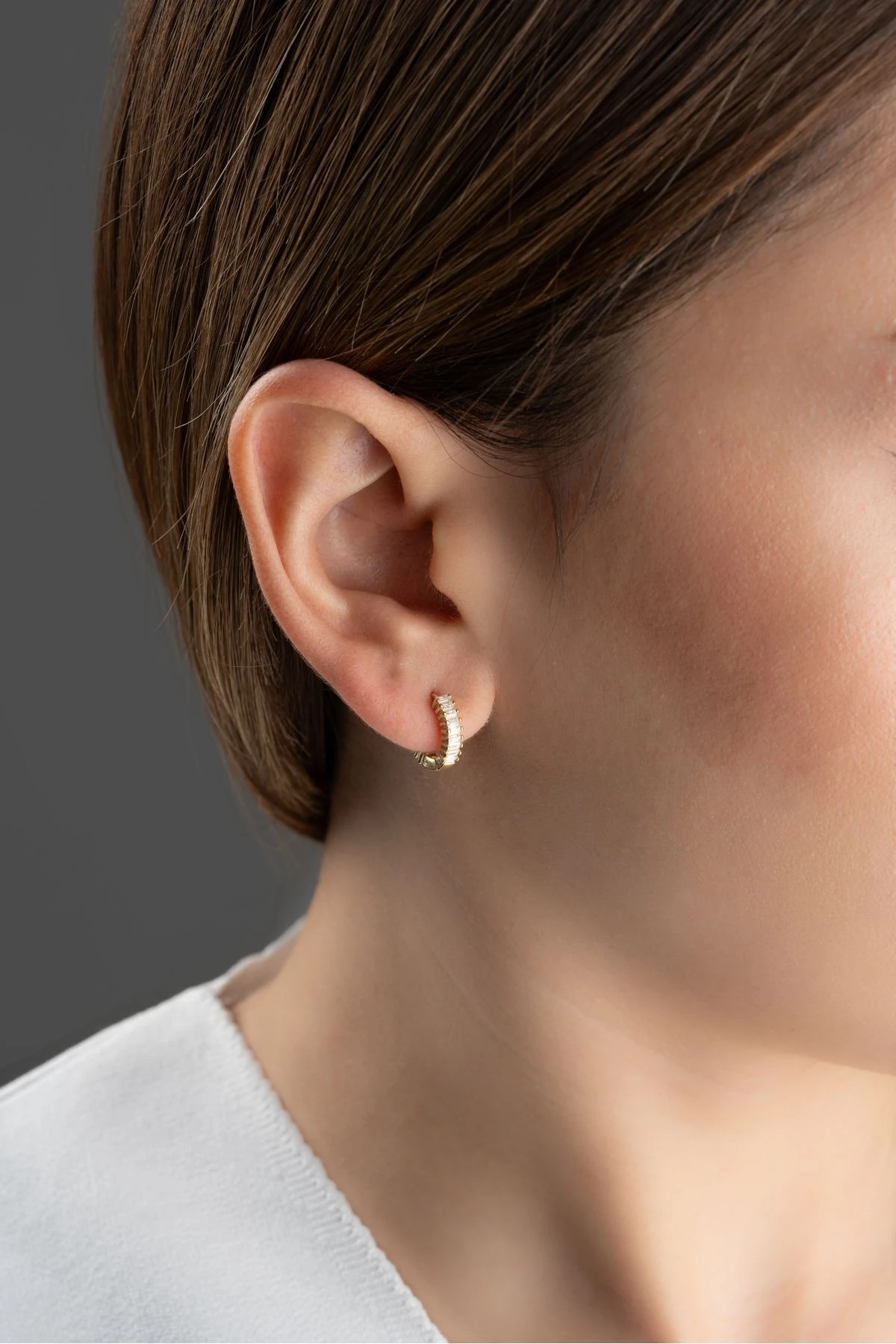 Gümüş Küçük Boy Baget Taşlı Halka Küpe