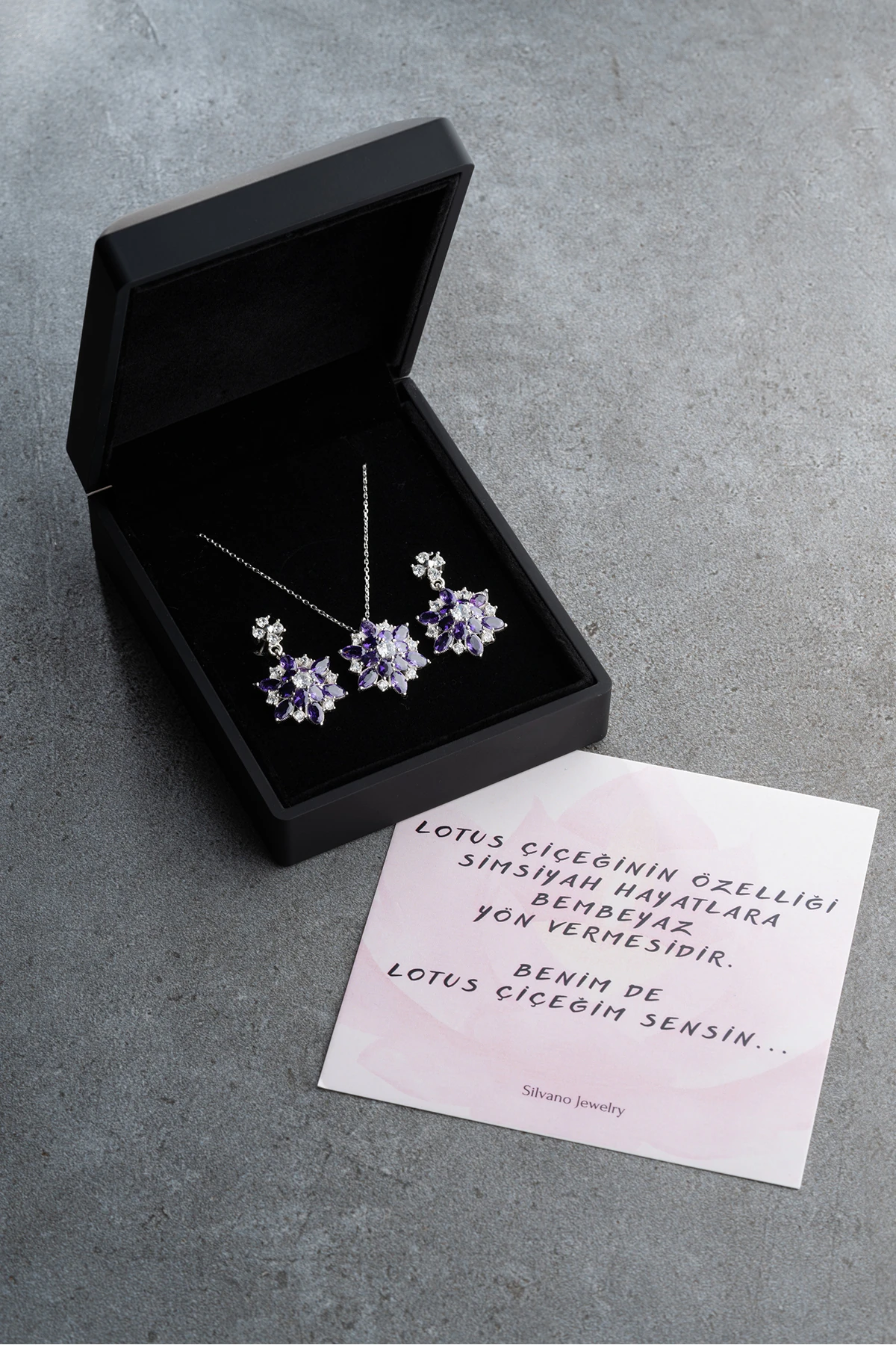 gümüş Işıklı Kutu Mor Oval Taşlı Takı (Kolye-Küpe) Seti