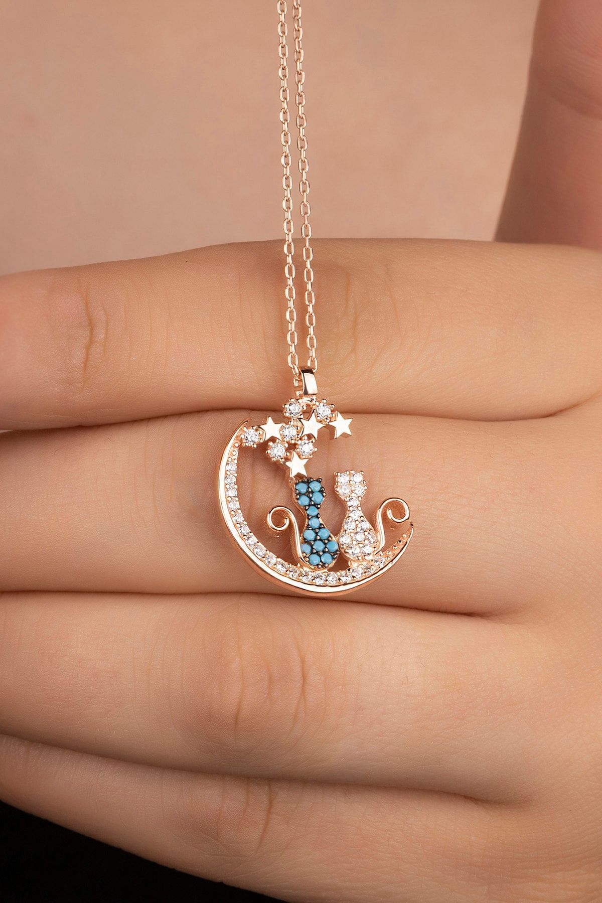 Gümüş Rose Yıldızlı Kediler Kolye