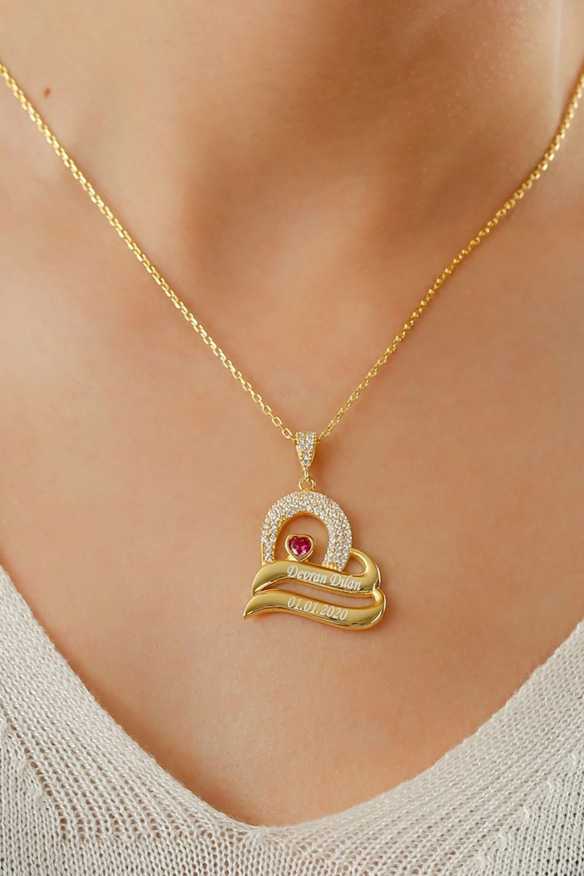 Gümüş Isimli Çift Şeritli Kalp Kolye