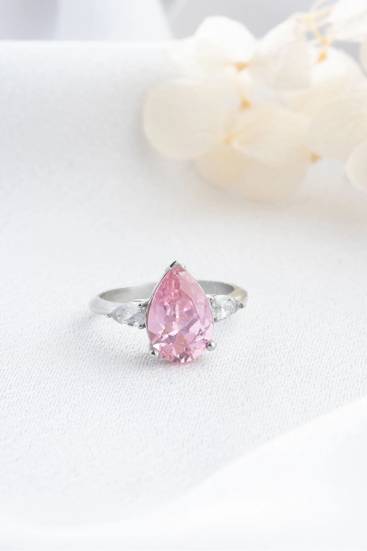 Gümüş Pembe Damla Taşlı Yüzük