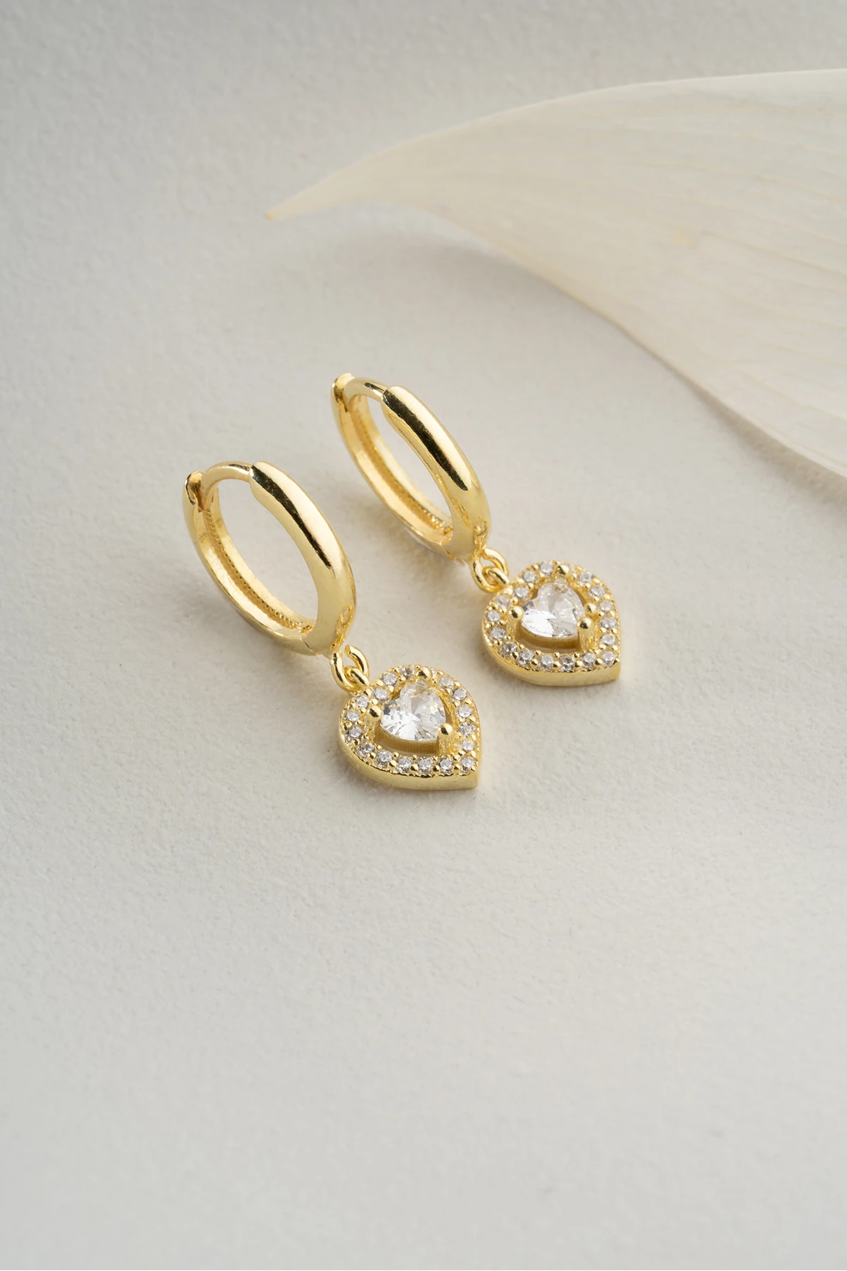 Gümüş Gold Zirkon Taşlı Kalp Küpe