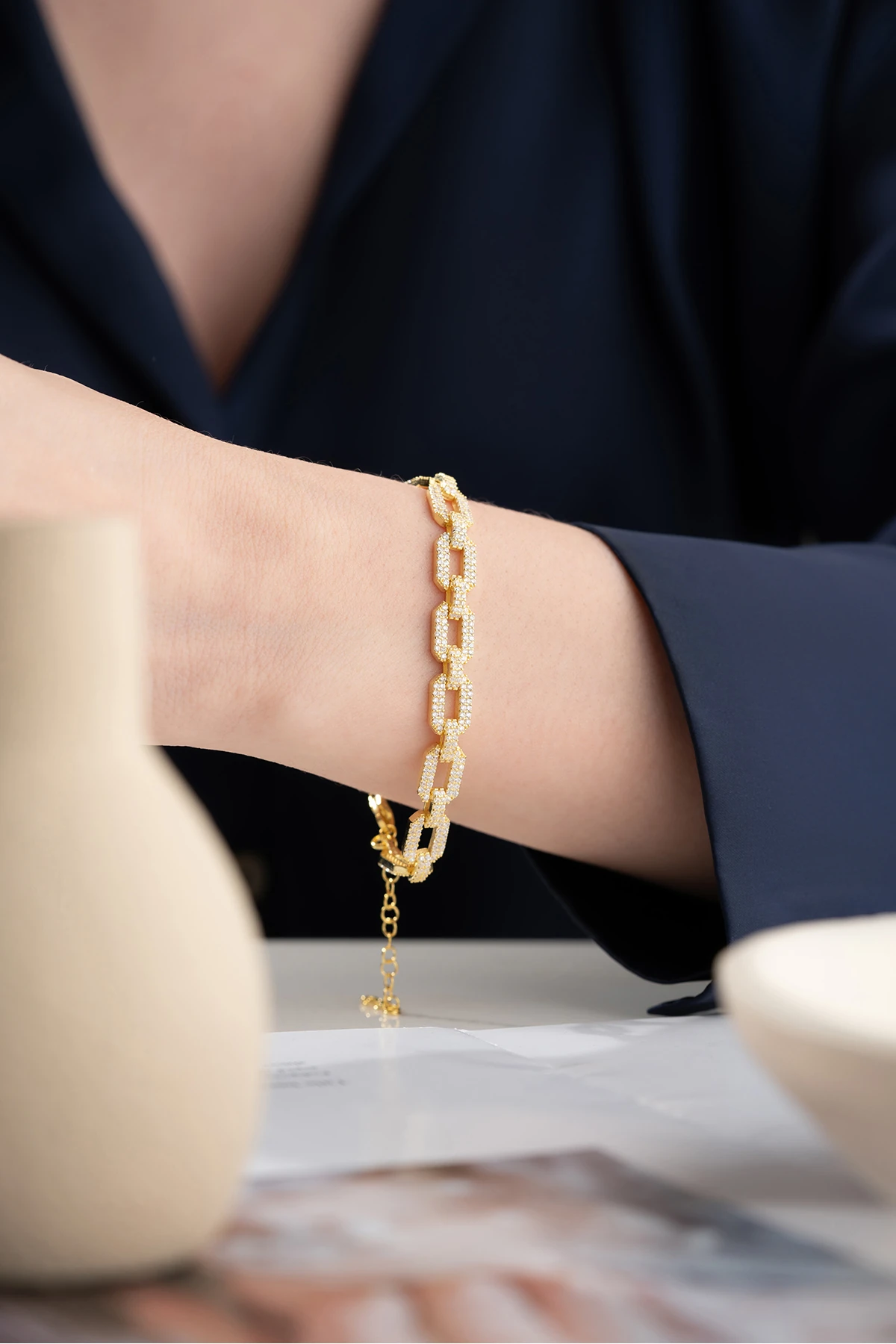 Gümüş Gold Zirkon Taşlı Zincir Bileklik