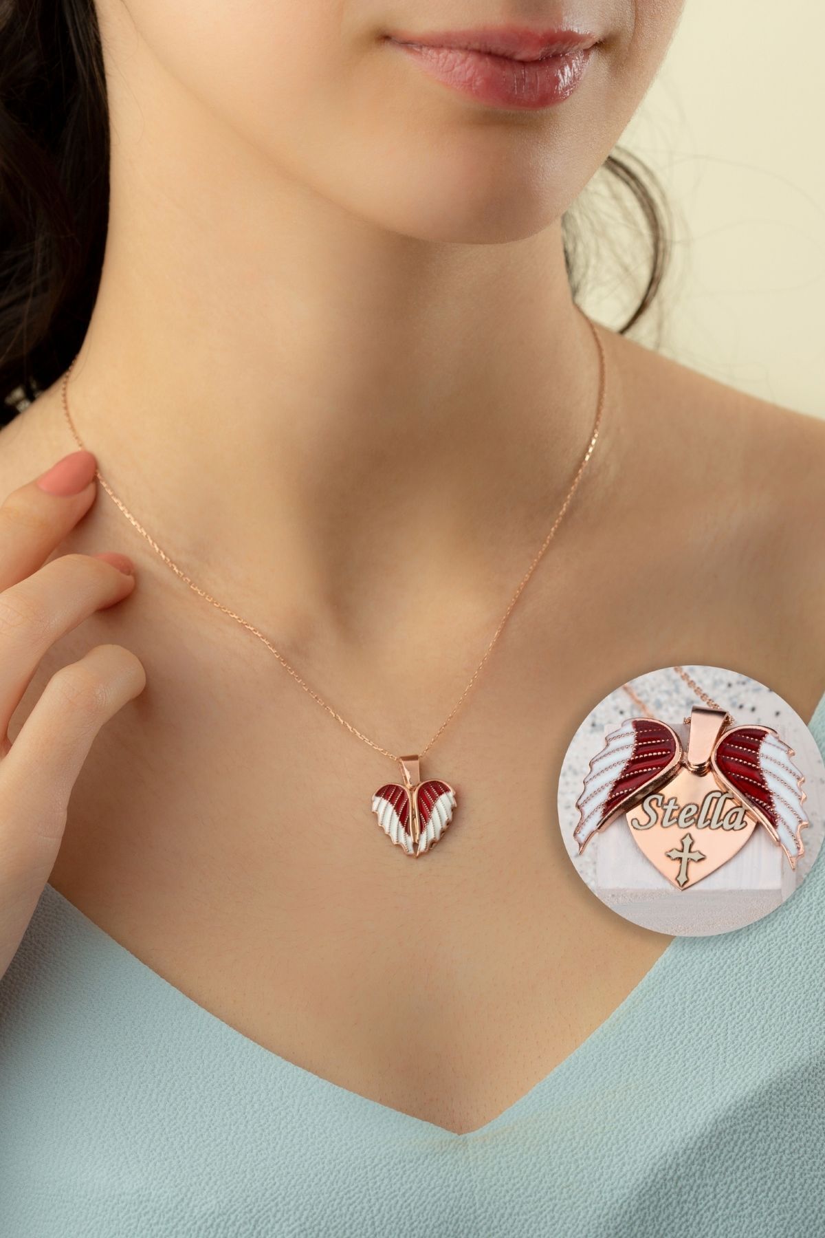 Gümüş Kırmızı Mineli Kanatlı Kalp Kolye