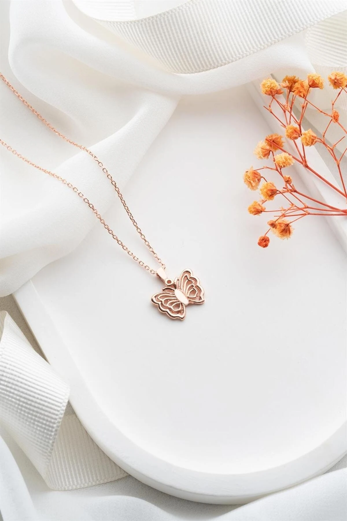 Gümüş Rose Kelebek Kolye