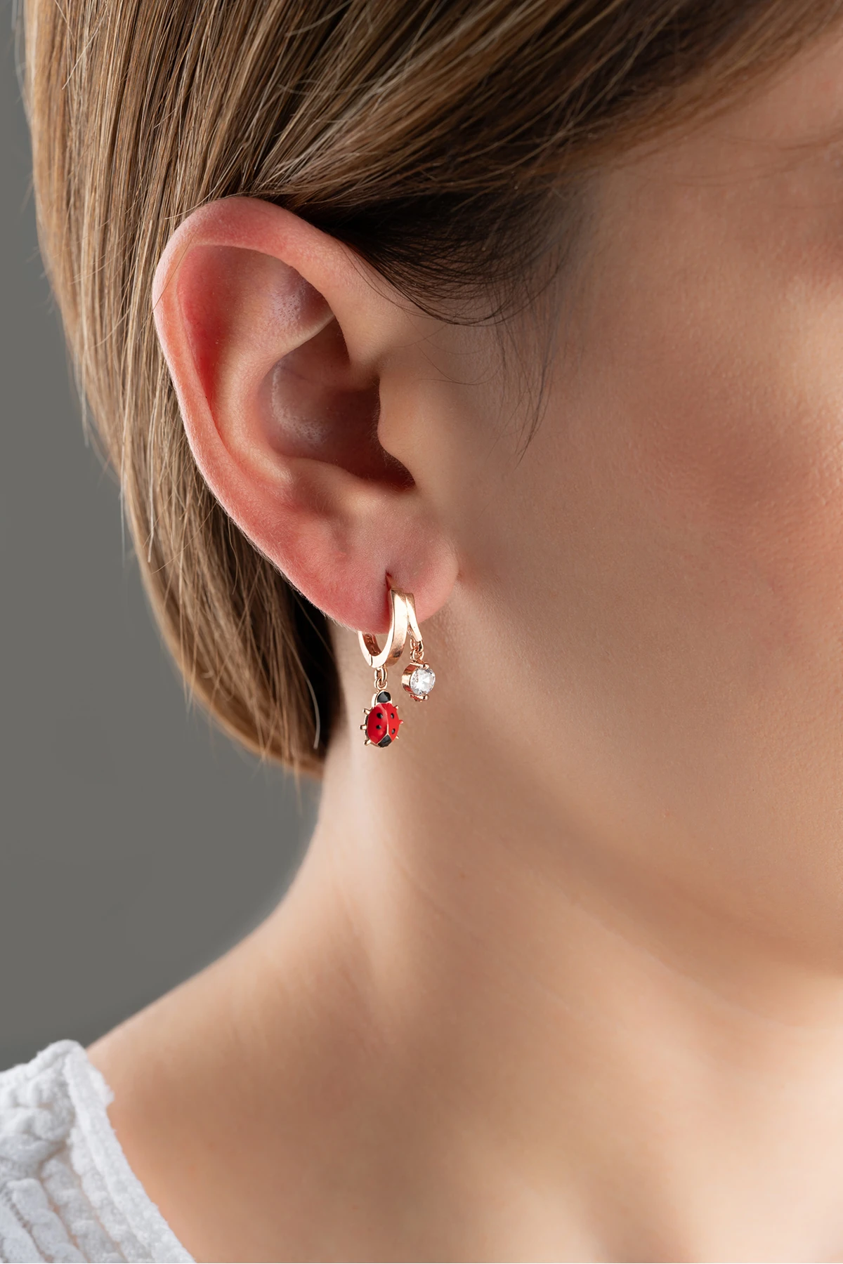 Gümüş Çift Uğur Böcekli Taşlı Küpe