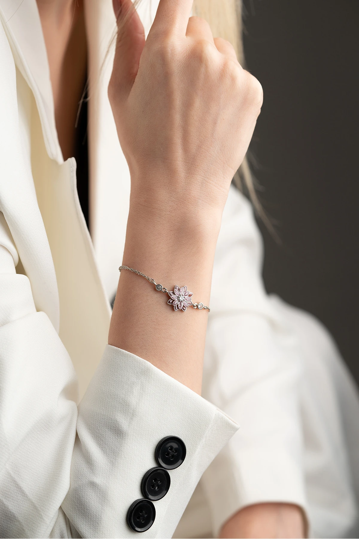 Gümüş Pembe Taşlı Lotus Bileklik