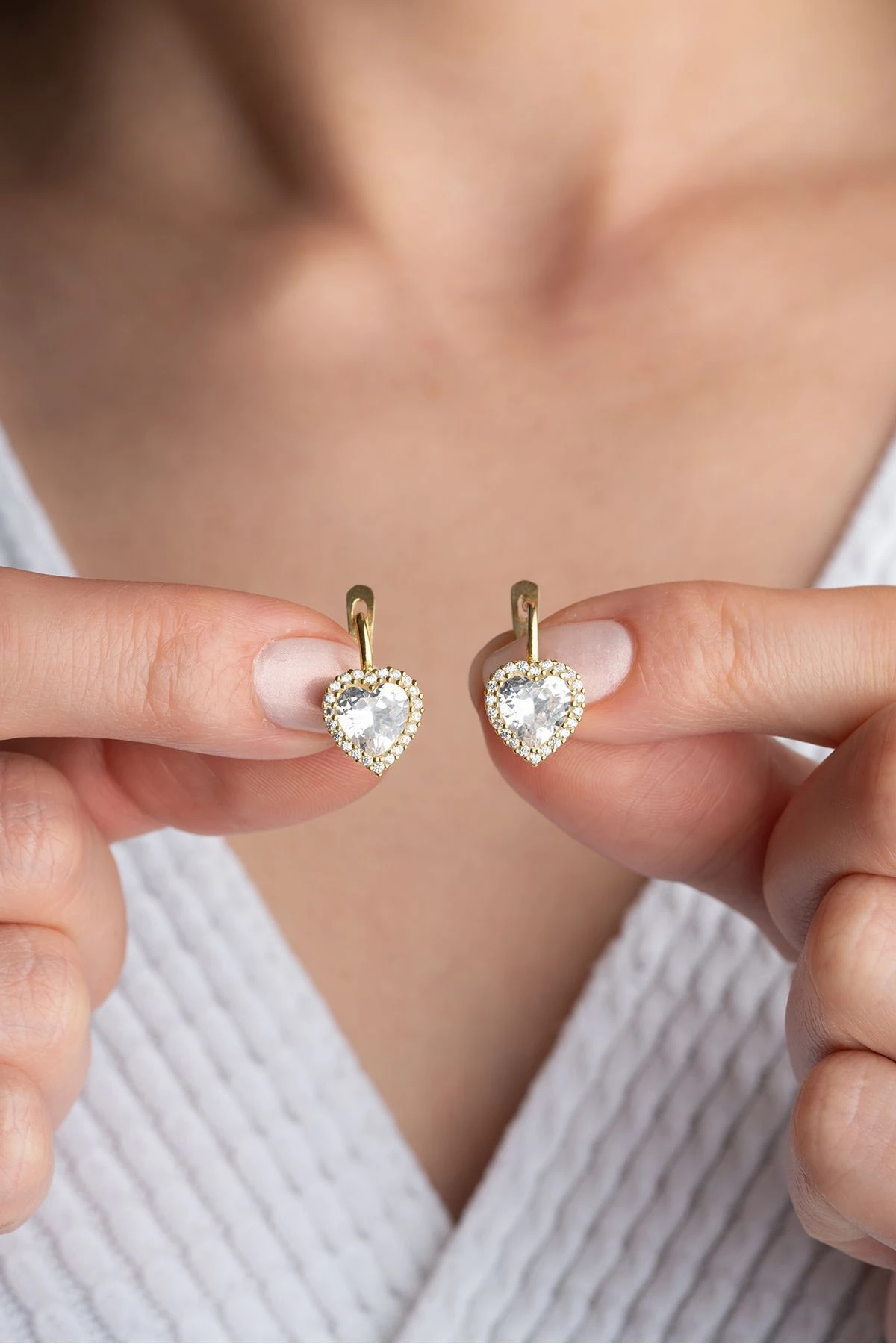 Gümüş Gold Zirkon Taşlı Kalp Küpe