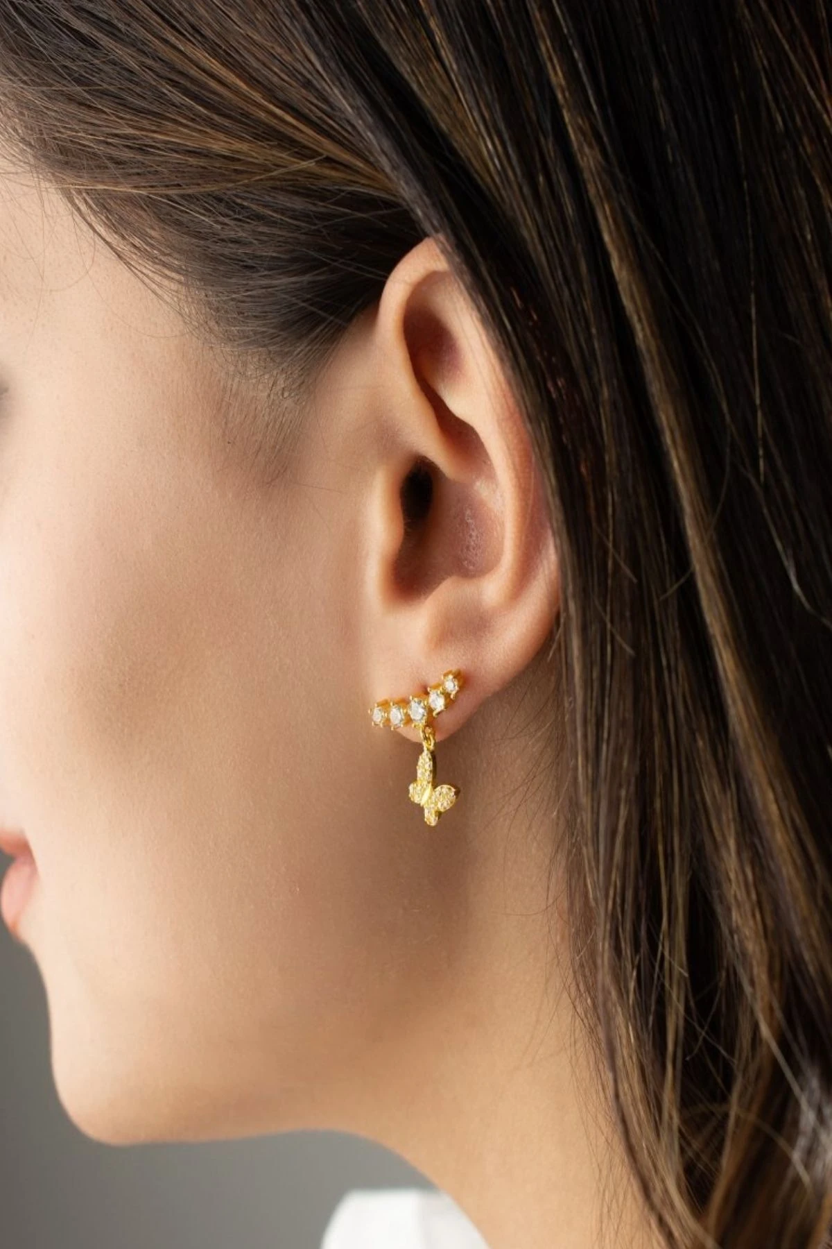 Gold 5 Taşlı Kelebek Gümüş Küpe