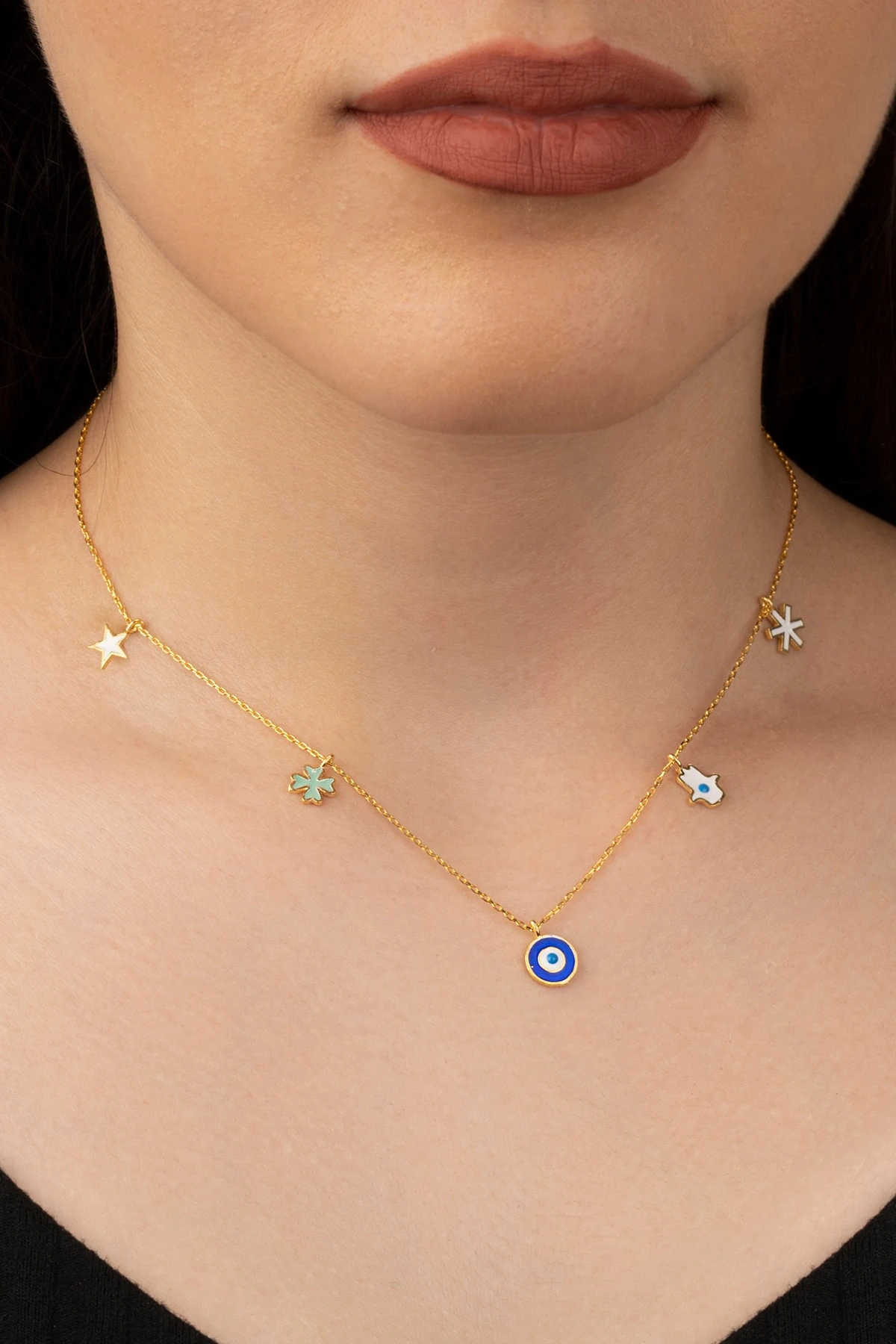 Gümüş Gold Mineli Şans Kolye