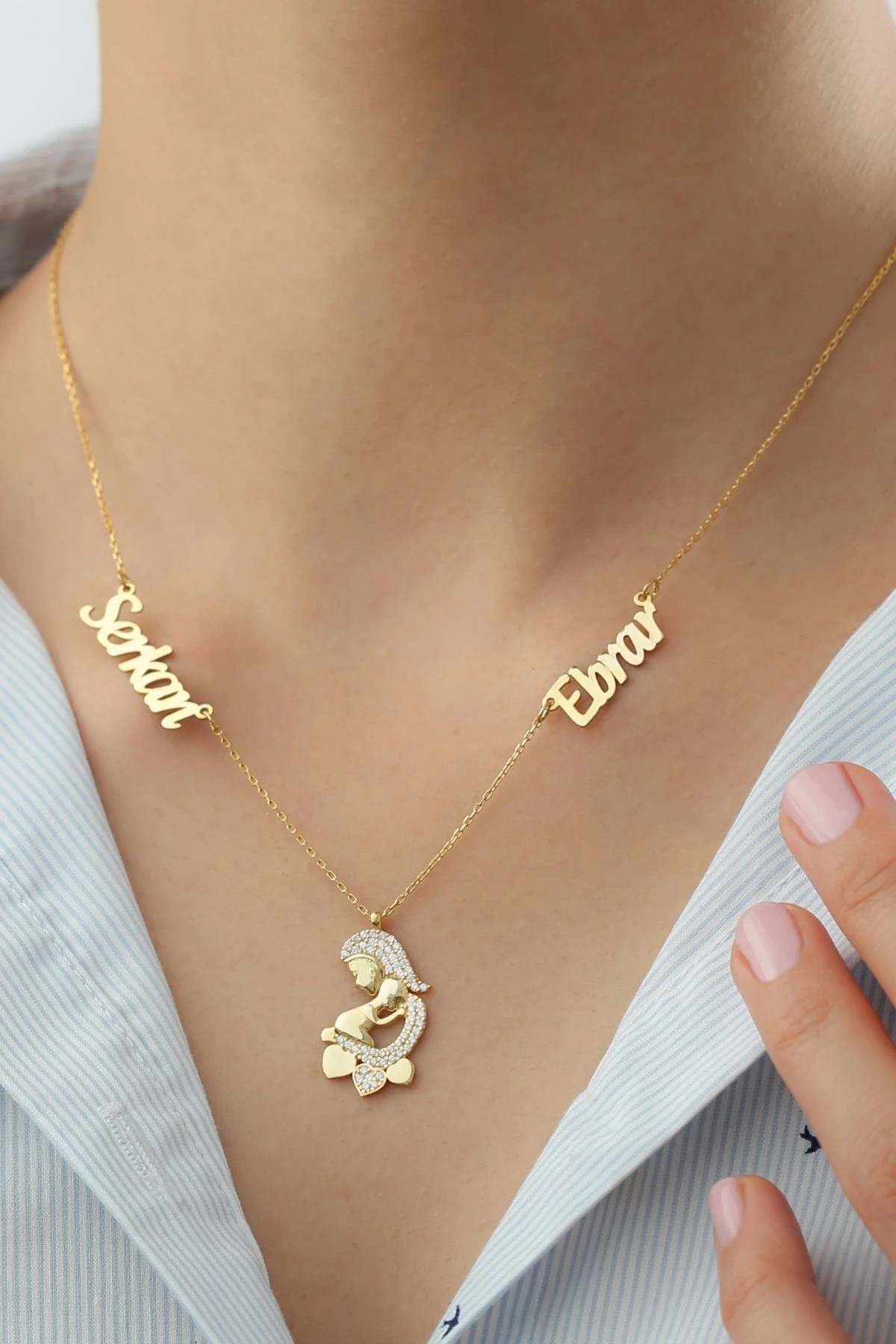 Gümüş Kişiye Özel Isimli Anne Bebek Kolye