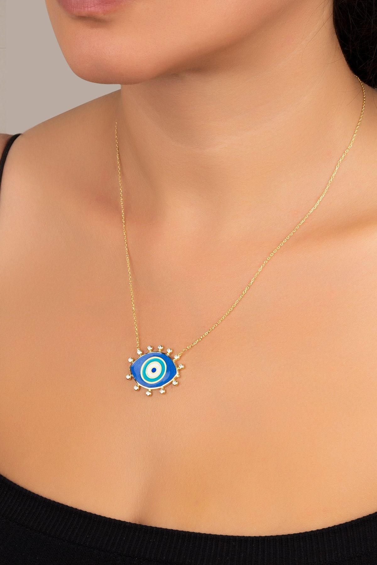 Gümüş Gold Taşlı Mineli Nazar Kolye