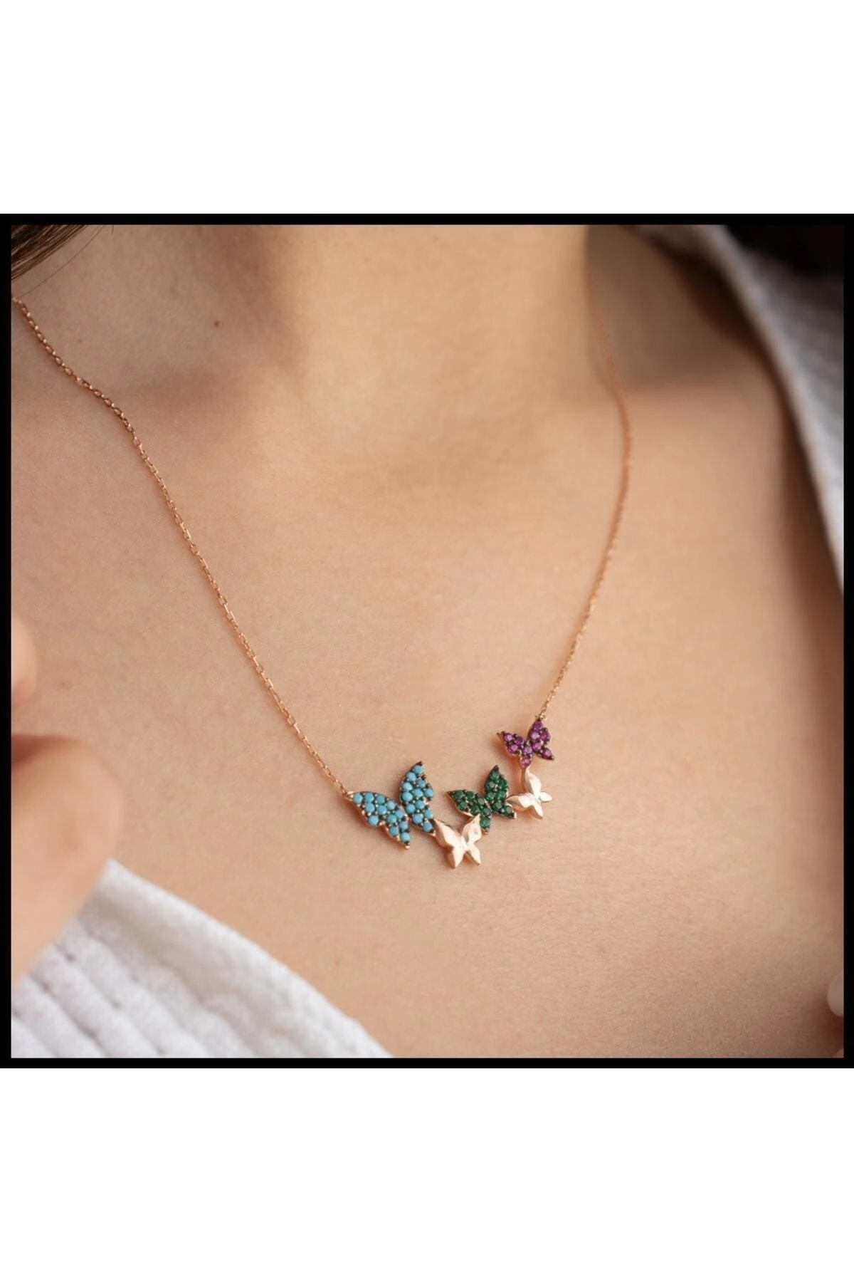 Rose Renkli Kelebek Gümüş Kolye