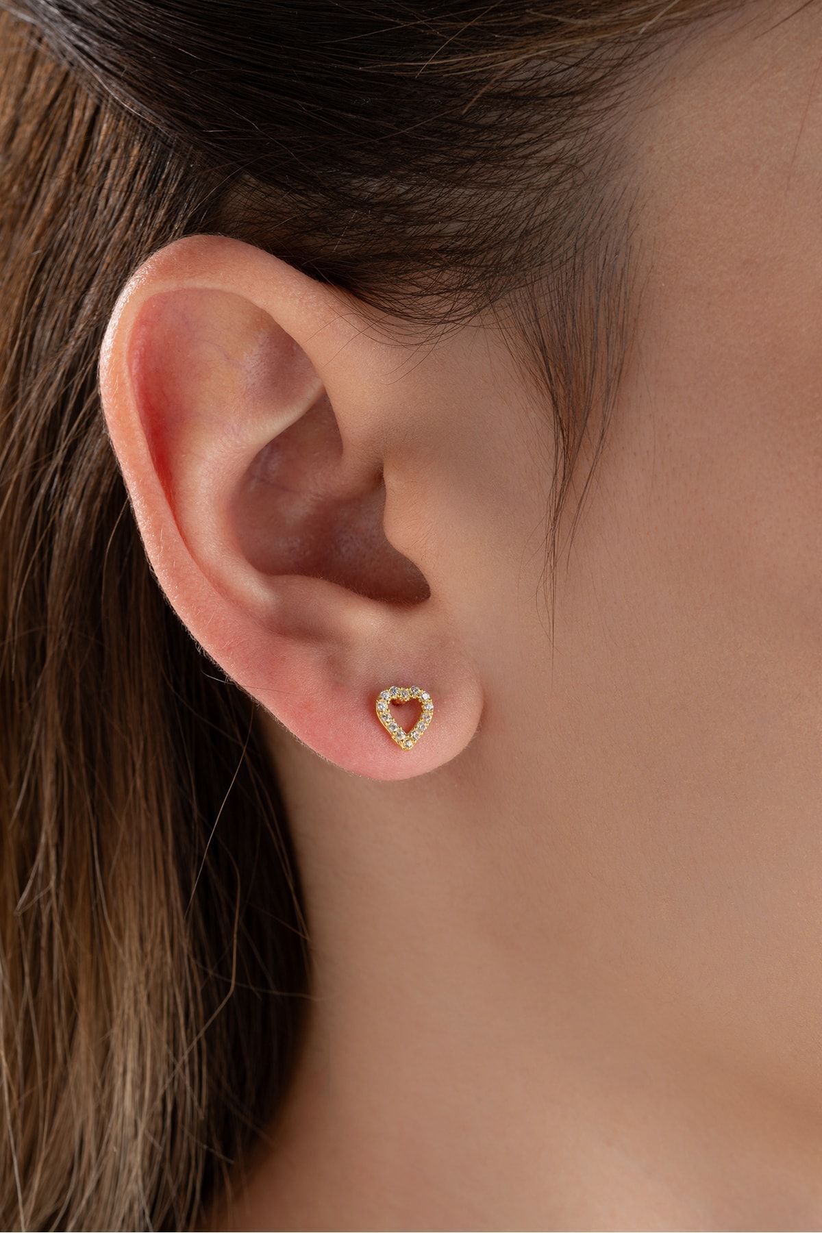 Gold Zirkon Taşlı Kalp Gümüş Küpe