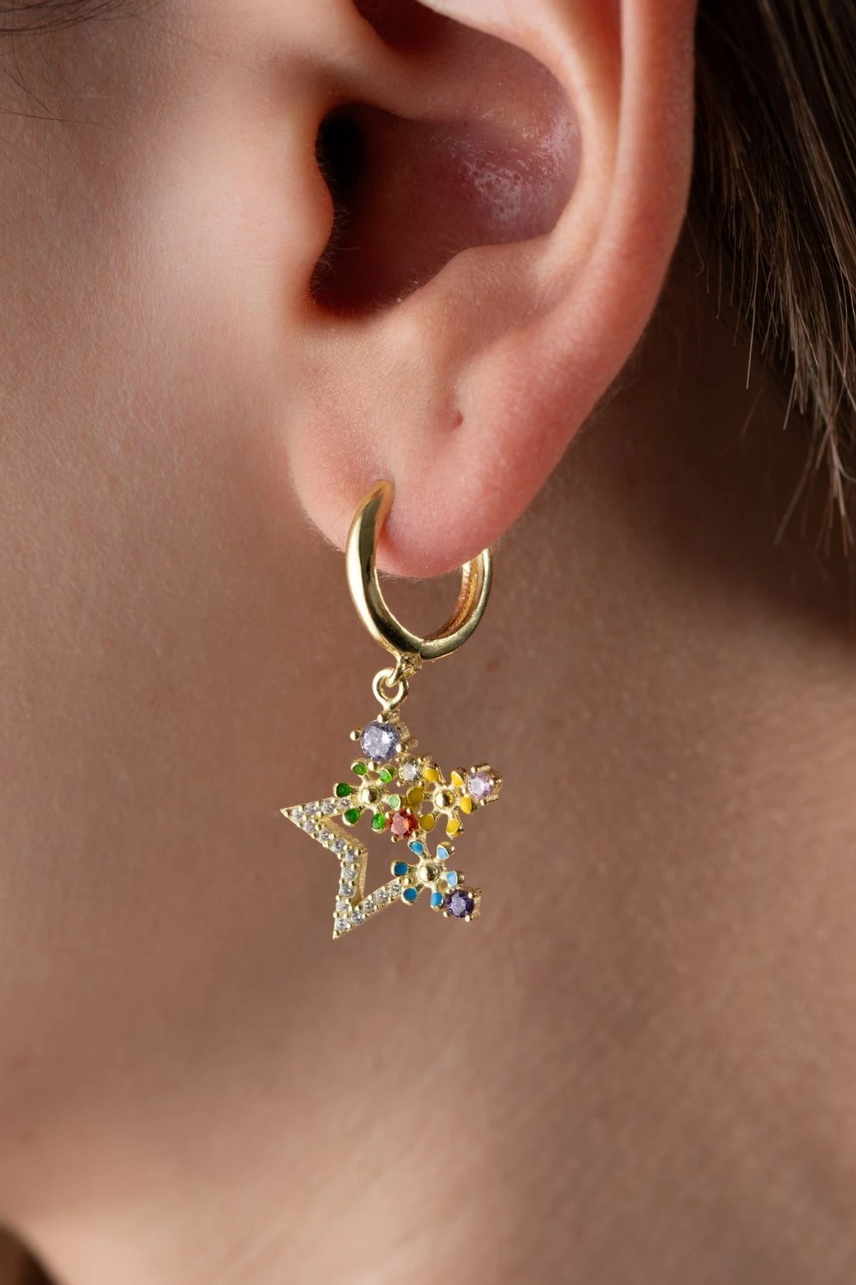 Gümüş Mix Taşlı Yıldız Küpe