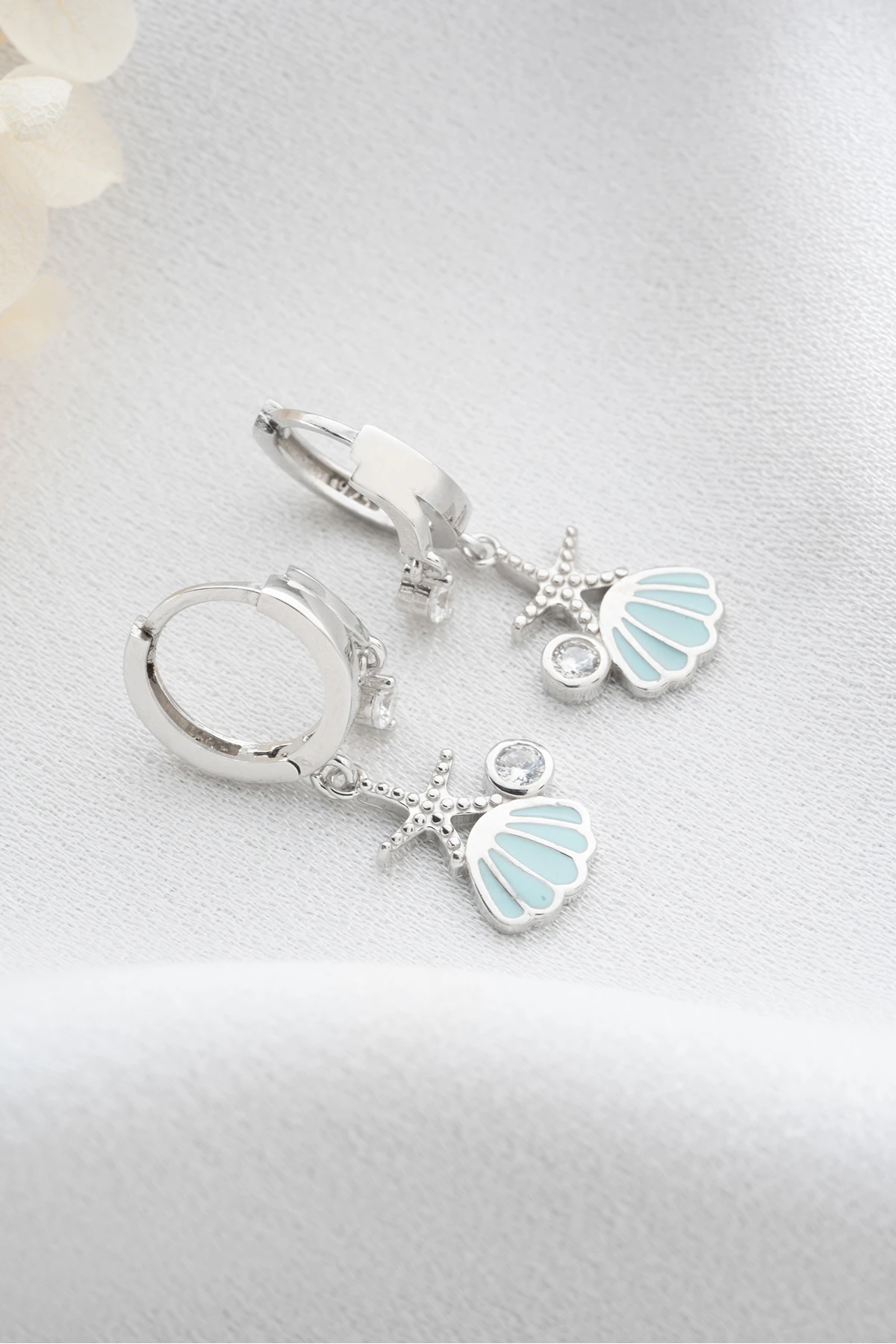 Gümüş Çift Taşlı Deniz Kabuğu Küpe