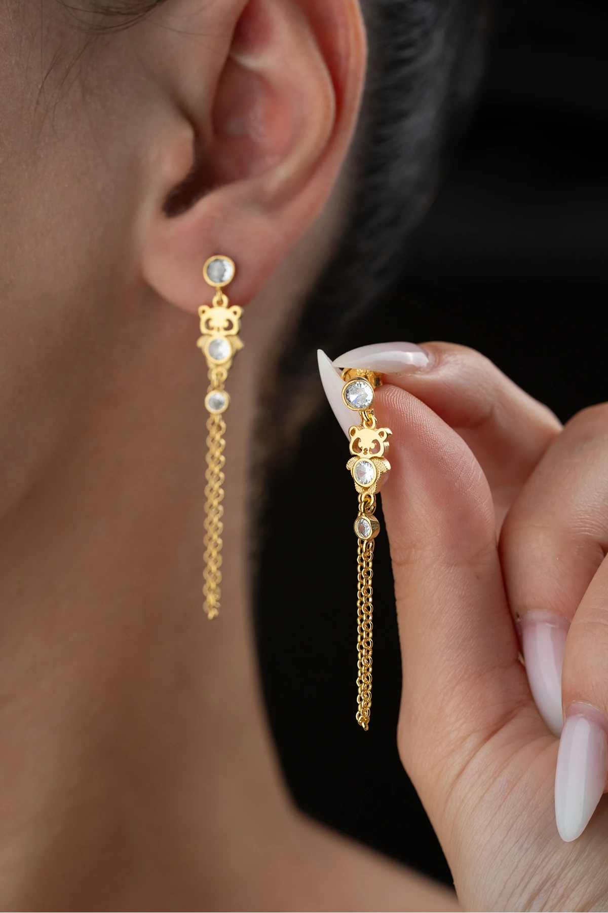 Gümüş Sallantılı Zincirli Panda Küpe