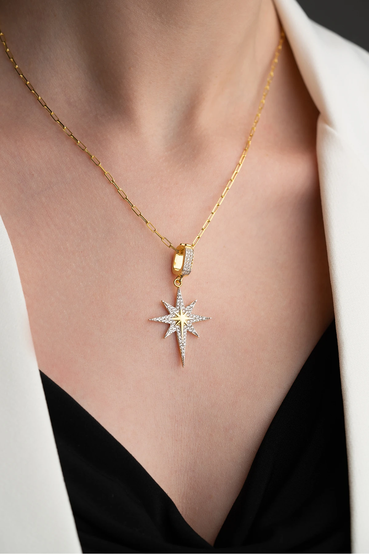 Gümüş Zirkon Taşlı Kutup Yıldızı Kolye