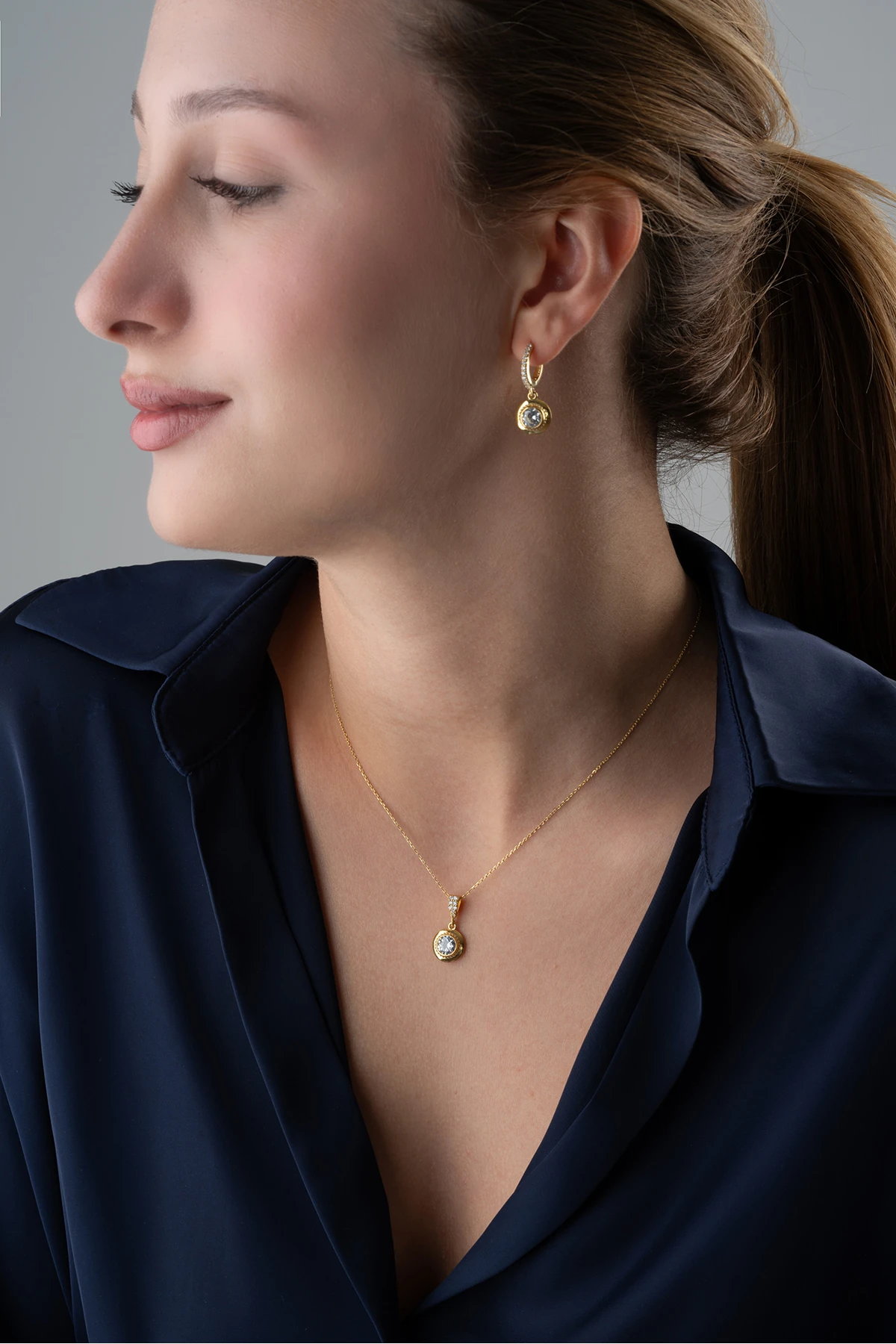 Gümüş Tektaş Takı (Kolye-Küpe) Seti