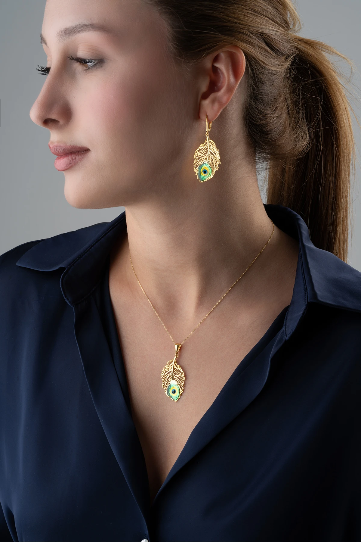 Gümüş Gold Tüy Takı (Kolye-Küpe) Seti