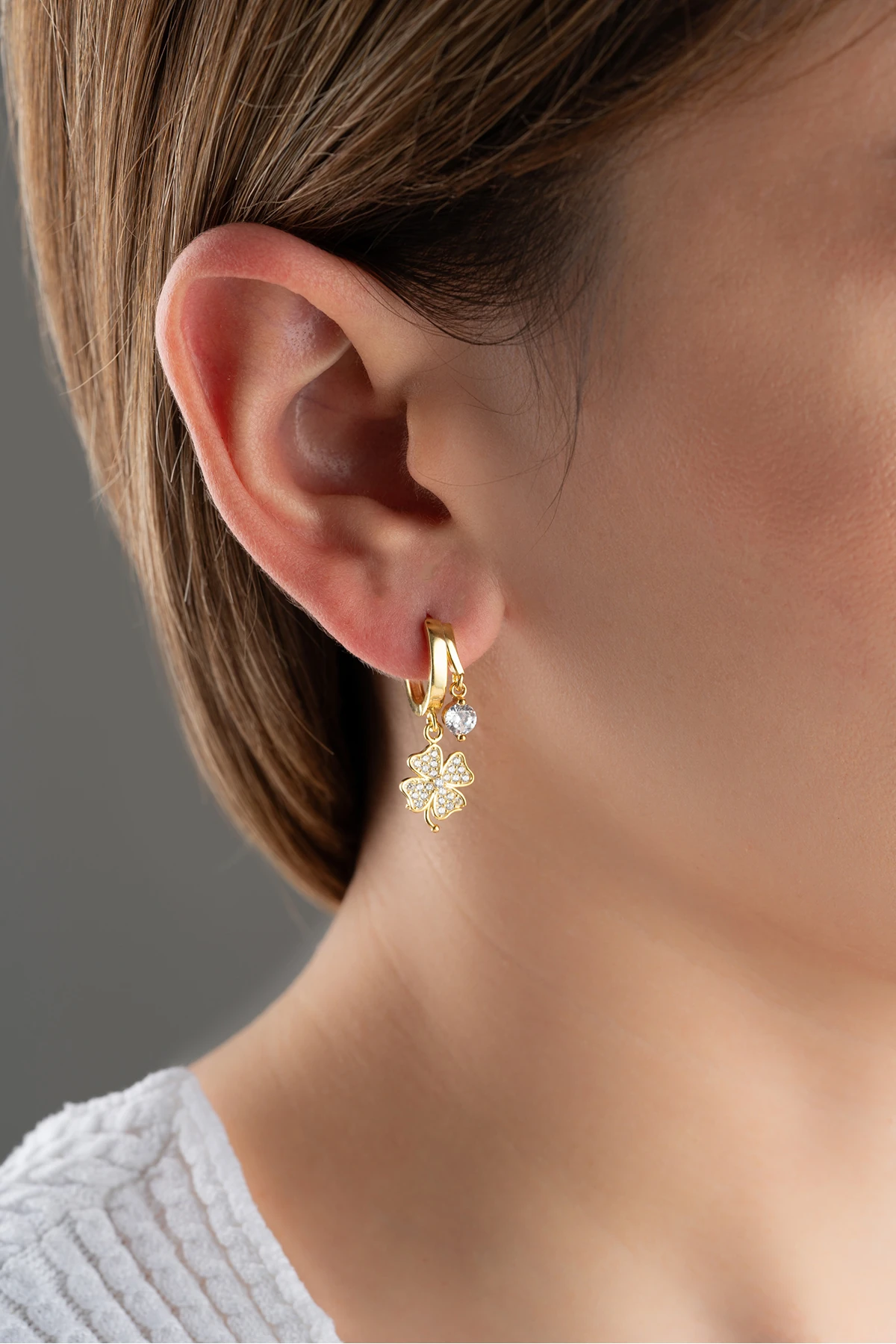 Gümüş Çift Taşlı Yonca Küpe