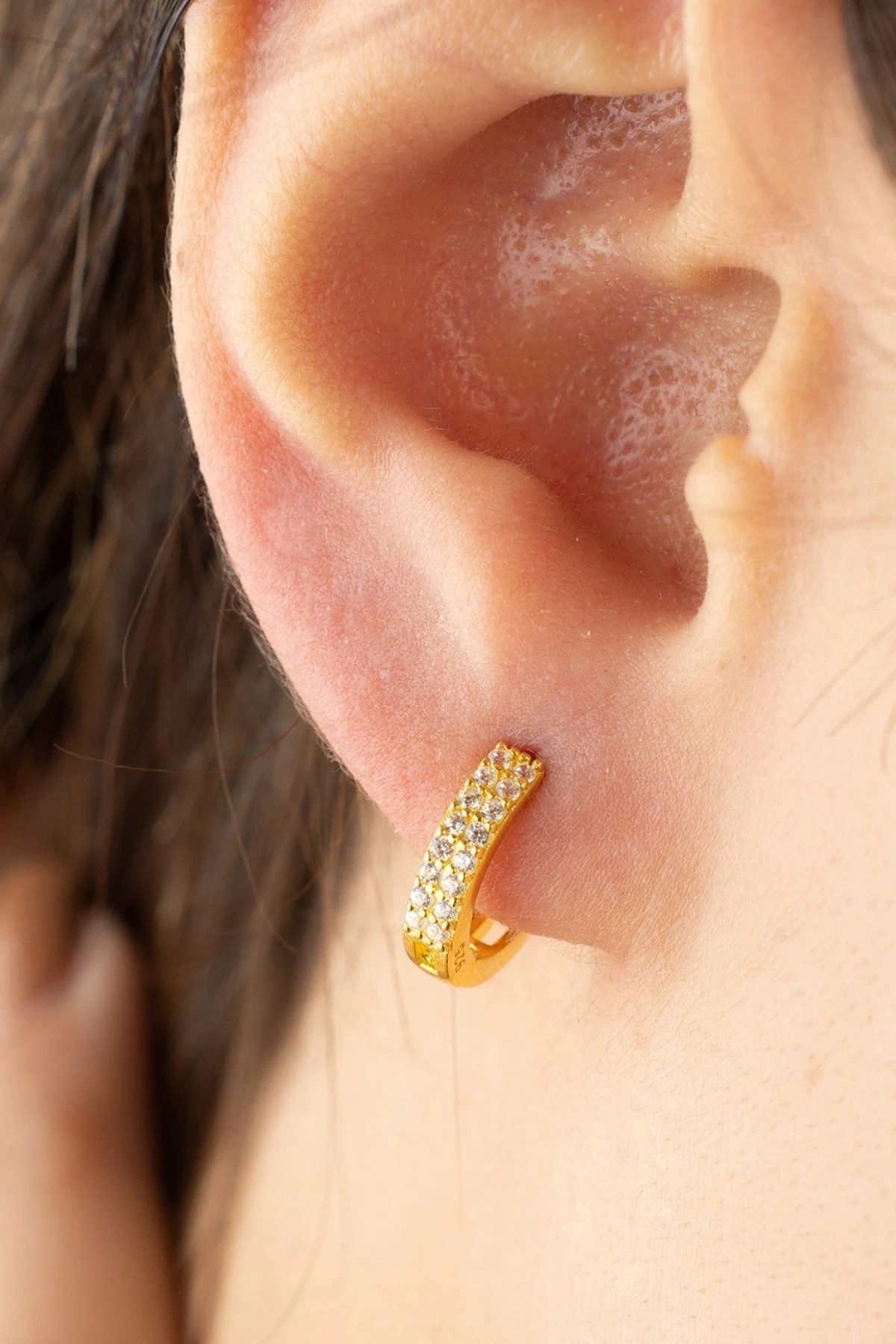 Gümüş Gold Zirkon Taşlı Halka Küpe