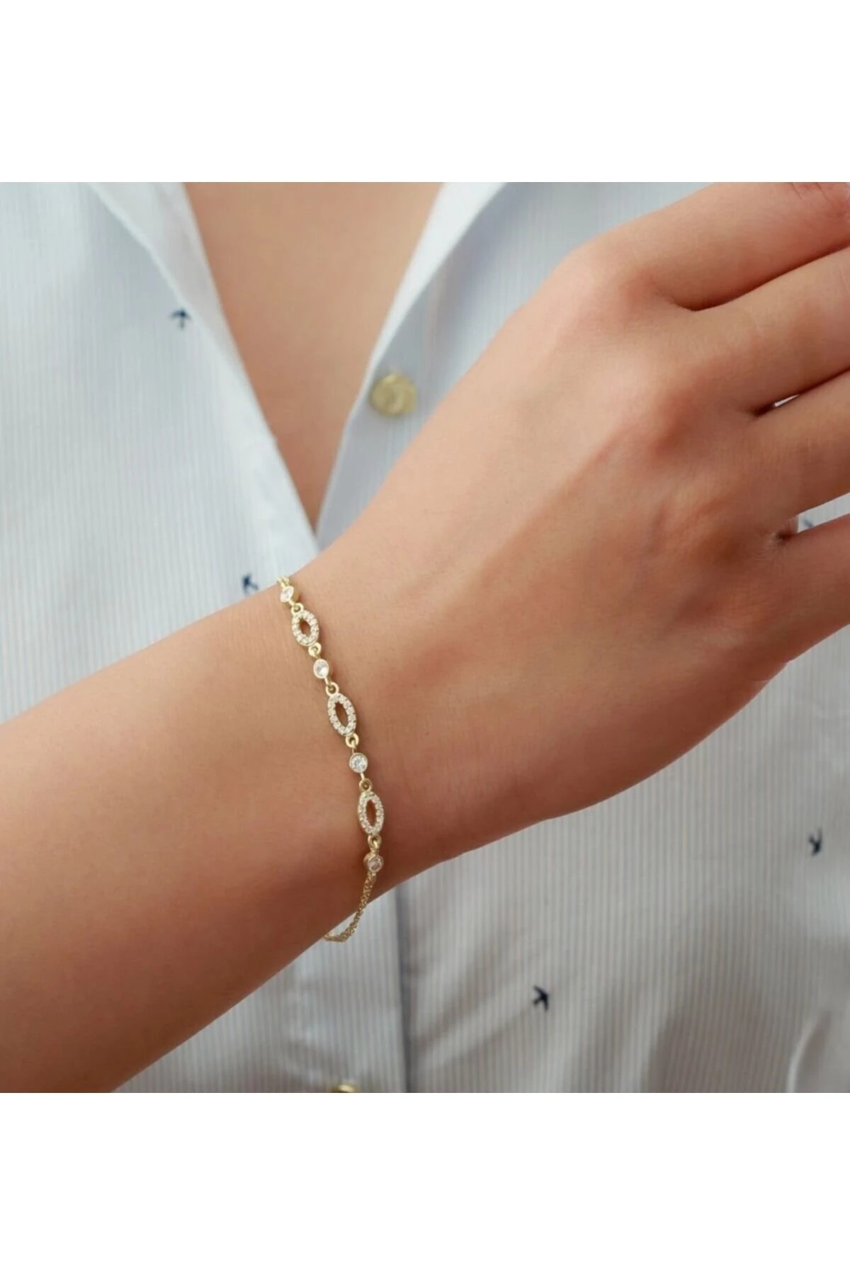 Oval Taşlı Model Gold Gümüş Bileklik