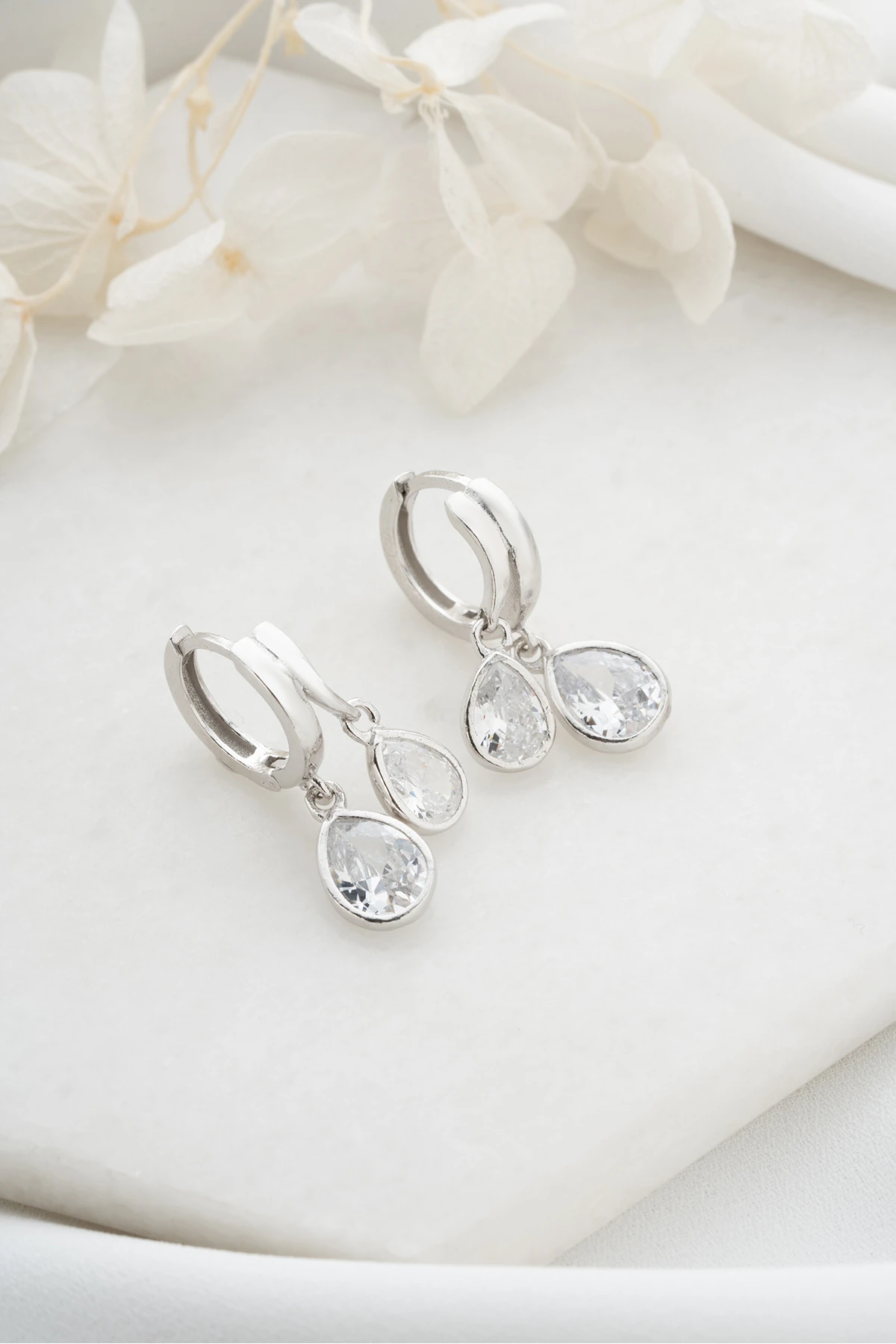 Gümüş Çift Damla Taşlı Küpe