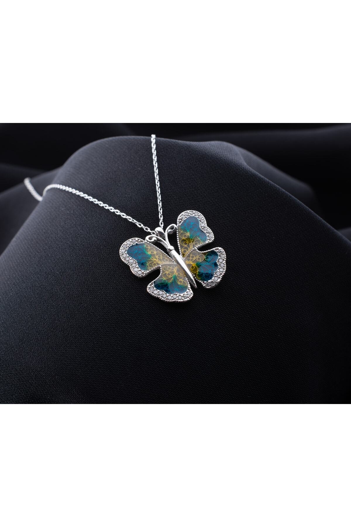 Gümüş Ebruli Kelebek Kolye