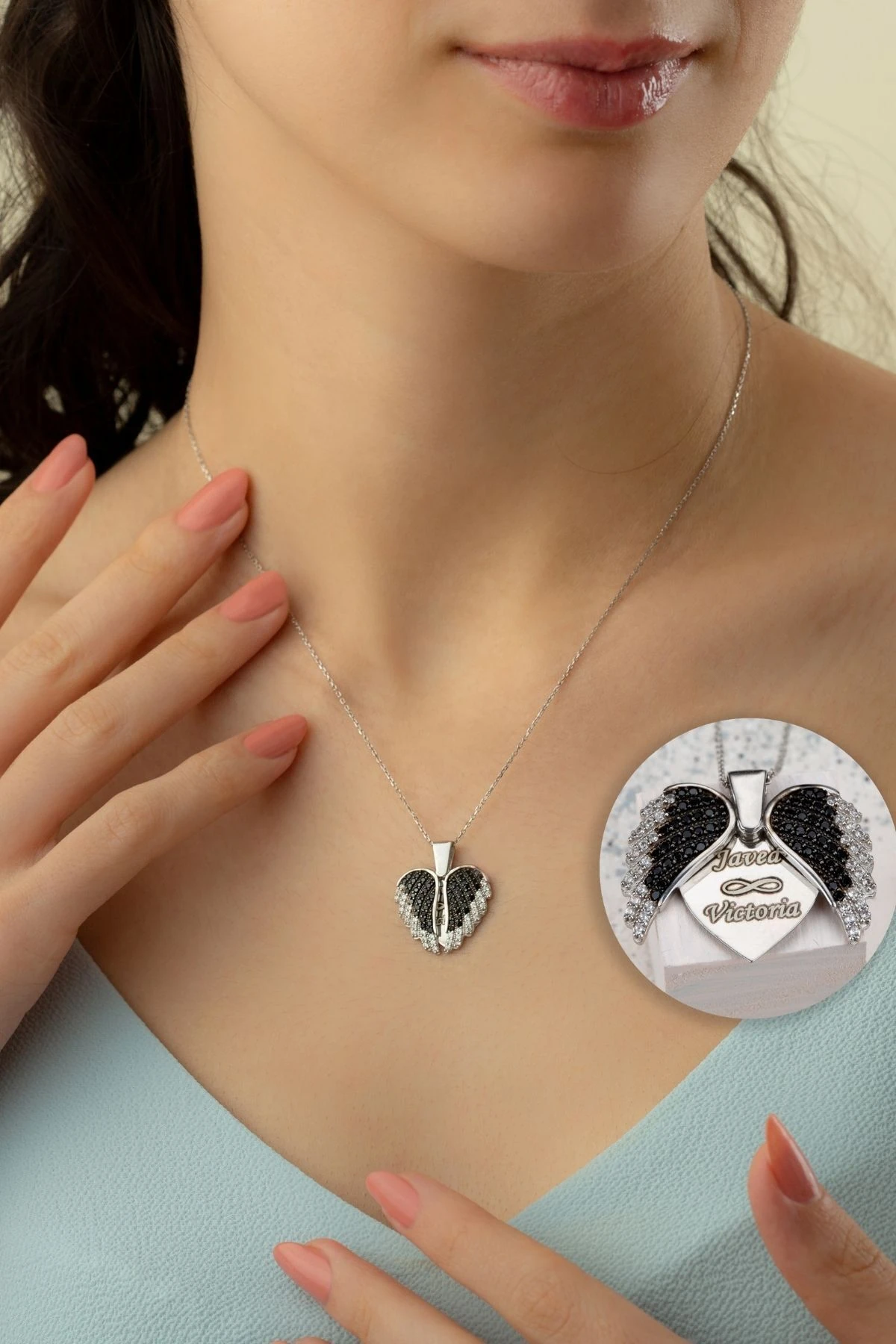 Gümüş Kişiye Özel Kanatlı Açılabilen Kalp Kolye