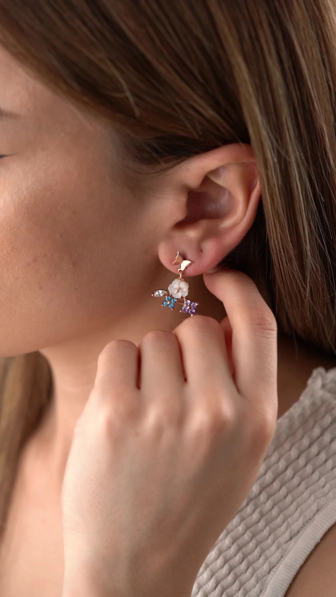 Rose Sedefli Renkli Gümüş Küpe