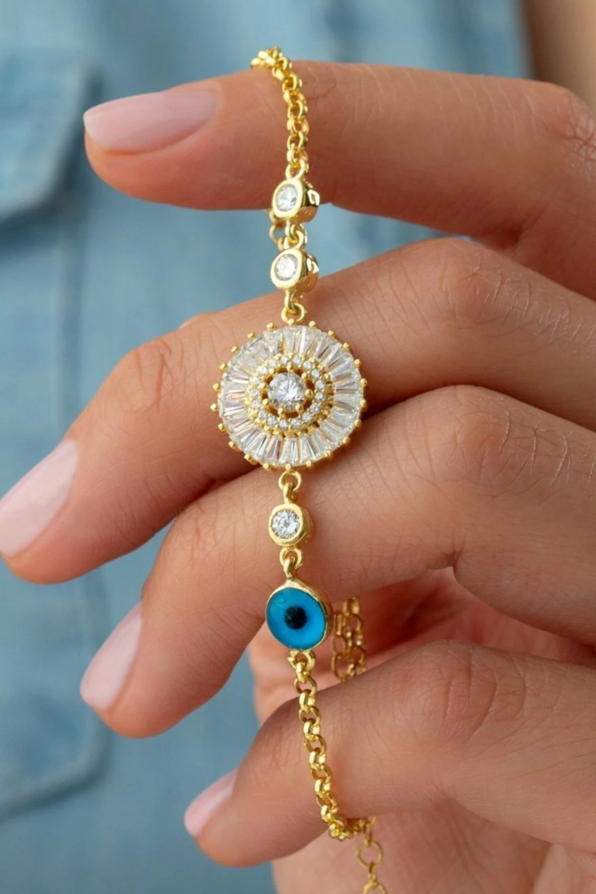 Gümüş Baget Taşlı Nazarlı Bileklik