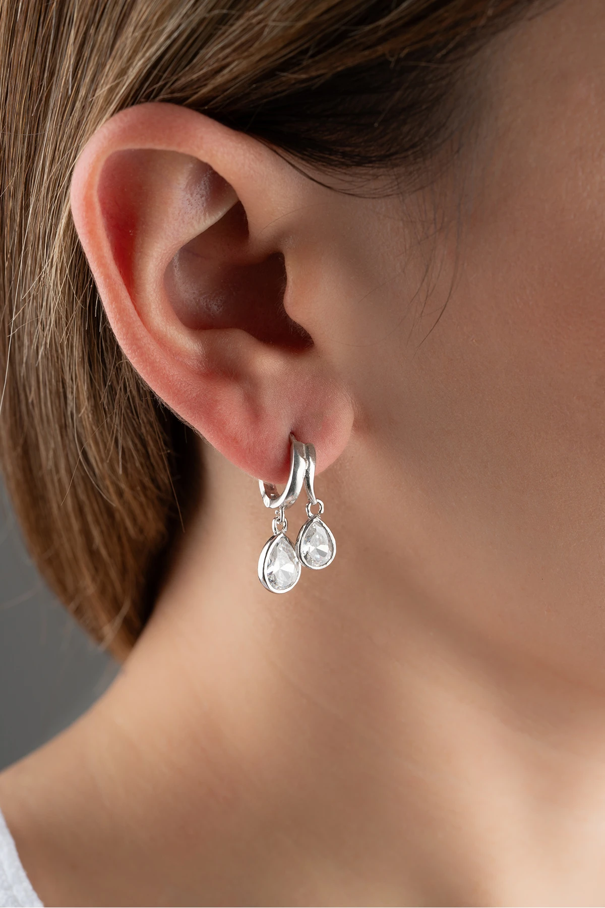 Gümüş Çift Damla Taşlı Küpe