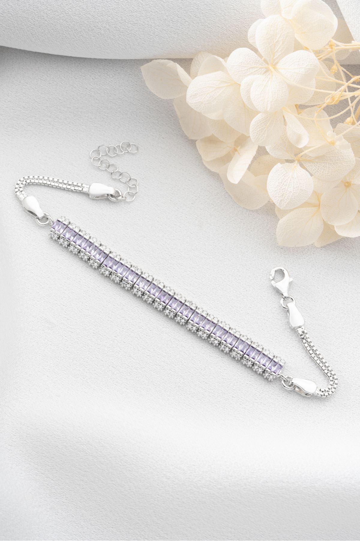 Gümüş Lila Baget Taşlı Bileklik