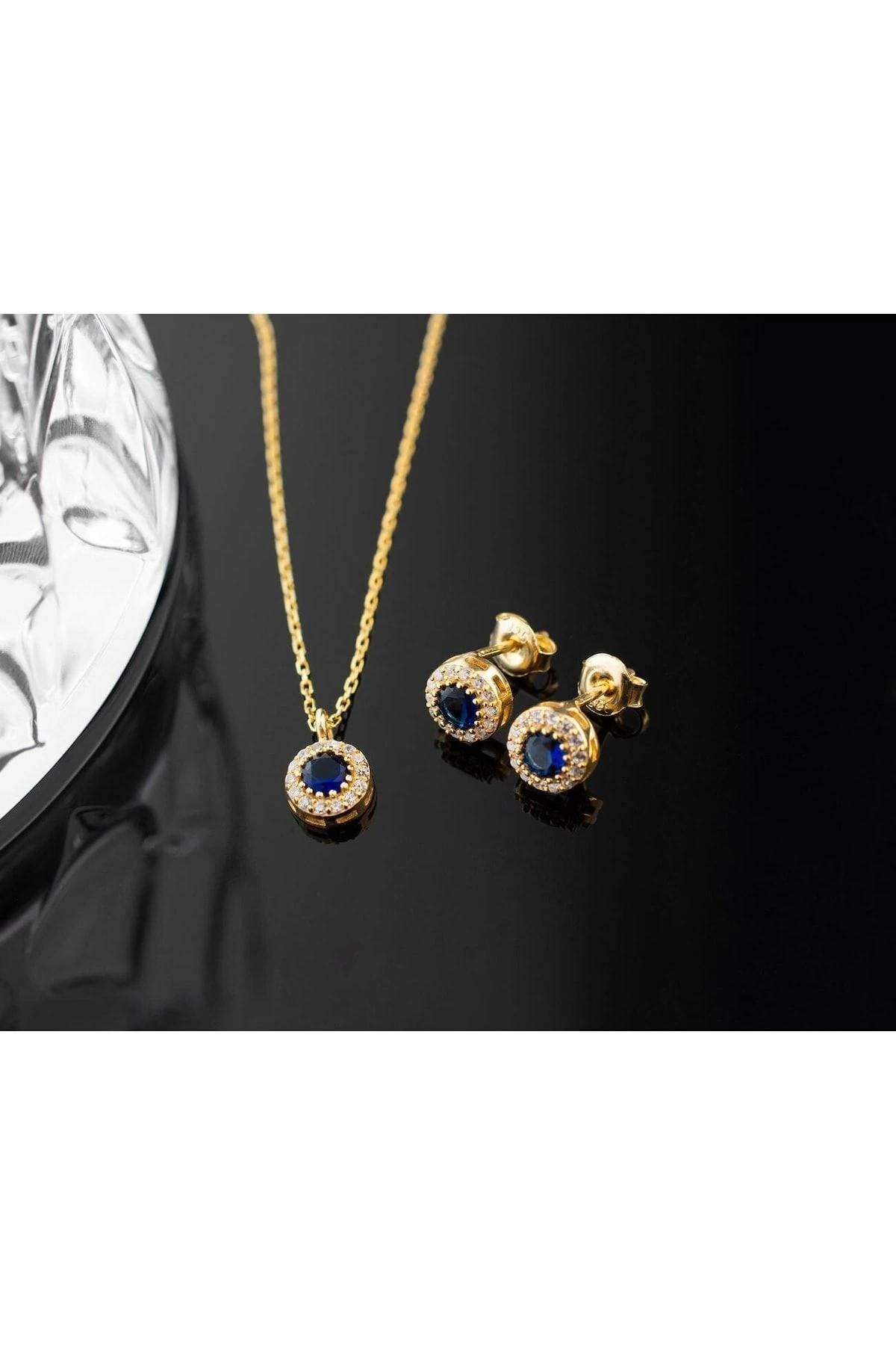 Gümüş Eylül Ayı Doğum Taşı ( Sapphire ) Kolye - Küpe Seti