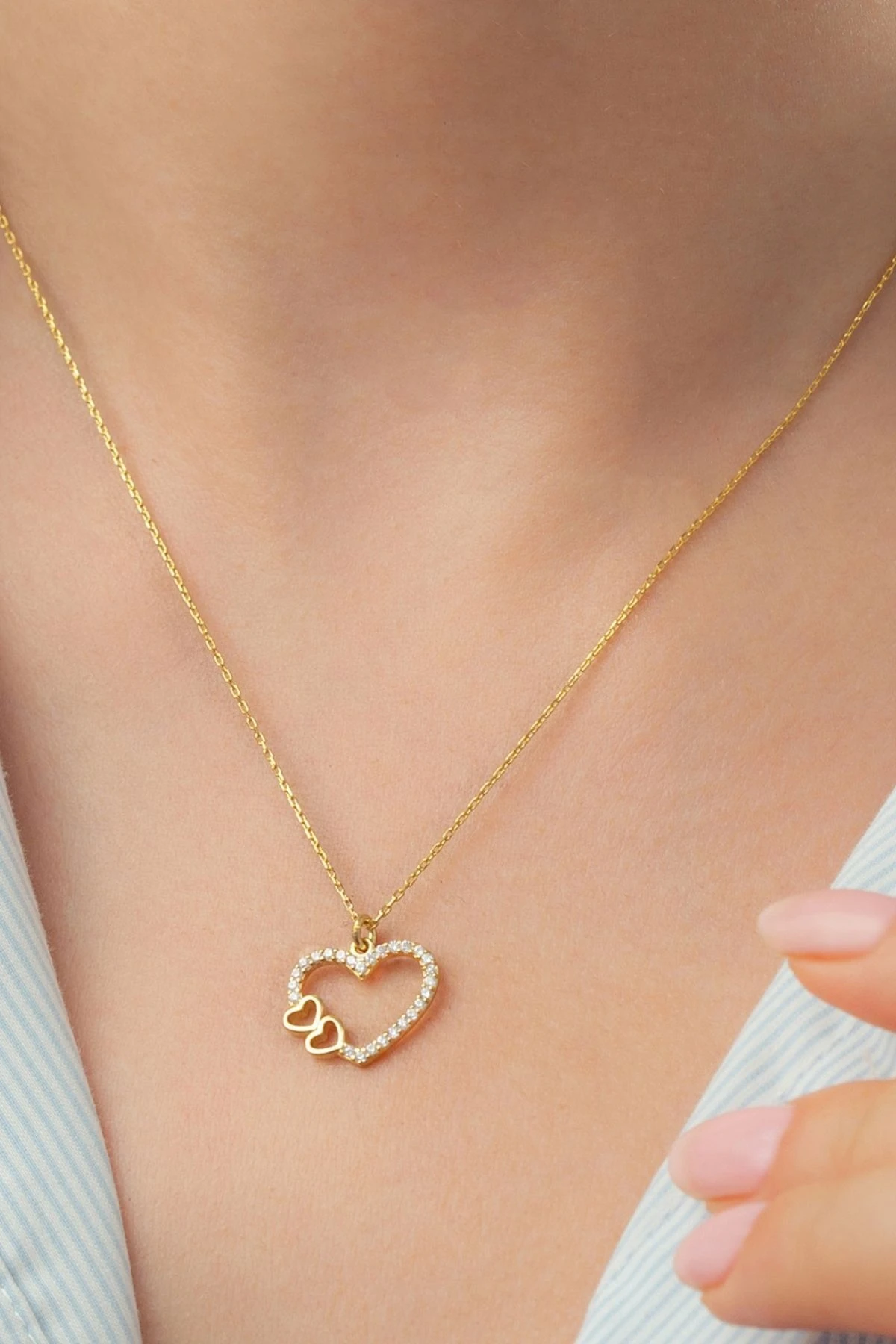 Gümüş Gold Çift Kalp Kolye