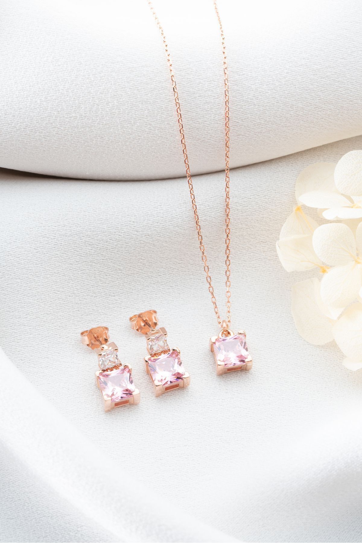 Gümüş Pembe Baget Taşlı Kolye Küpe Seti