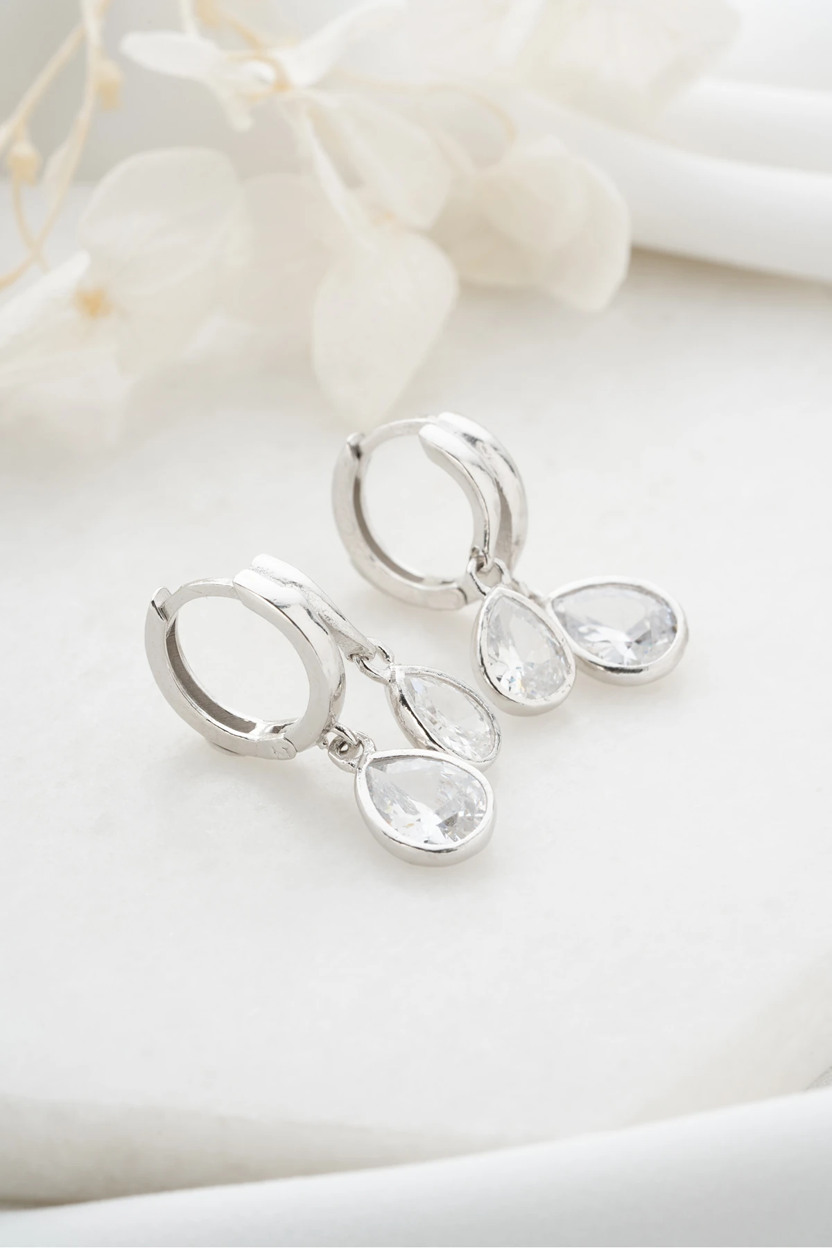 Gümüş Çift Damla Taşlı Küpe